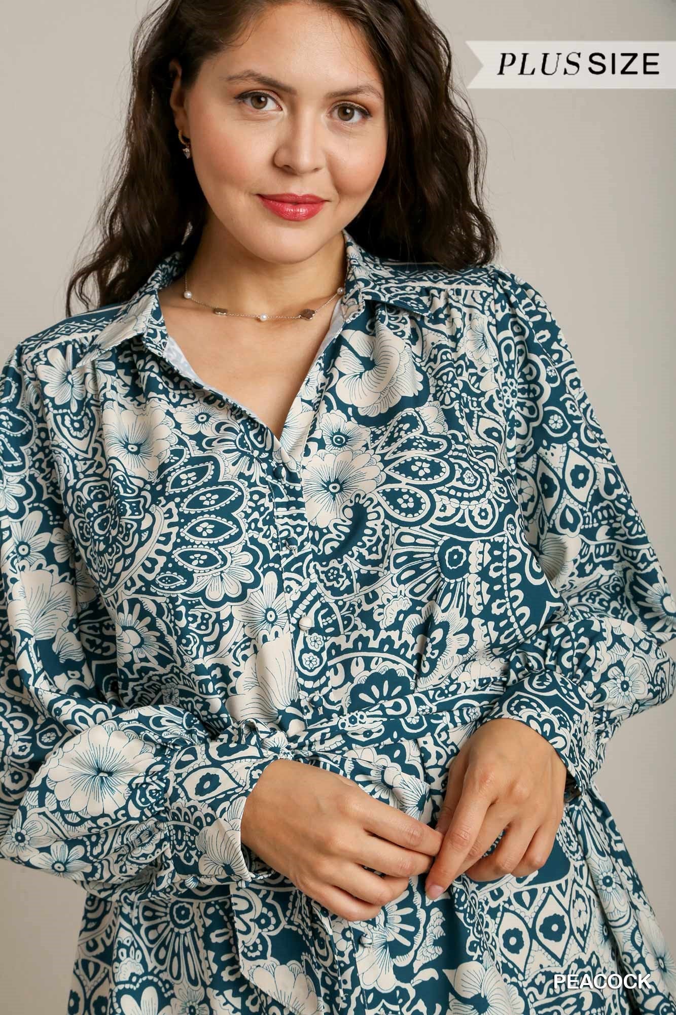 Umgee Plus Two Tone Floral Boarder Print Belt Dress