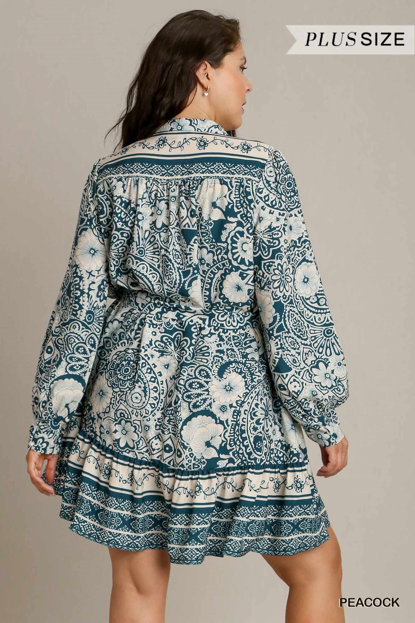 Umgee Plus Two Tone Floral Boarder Print Belt Dress