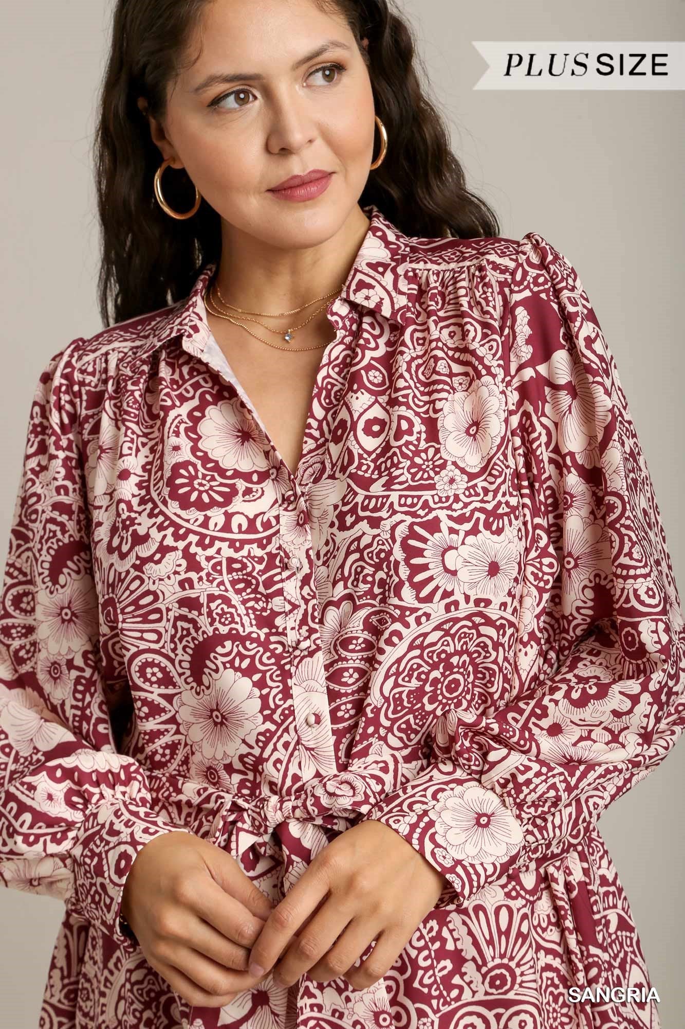 Umgee Plus Two Tone Floral Boarder Print Belt Dress