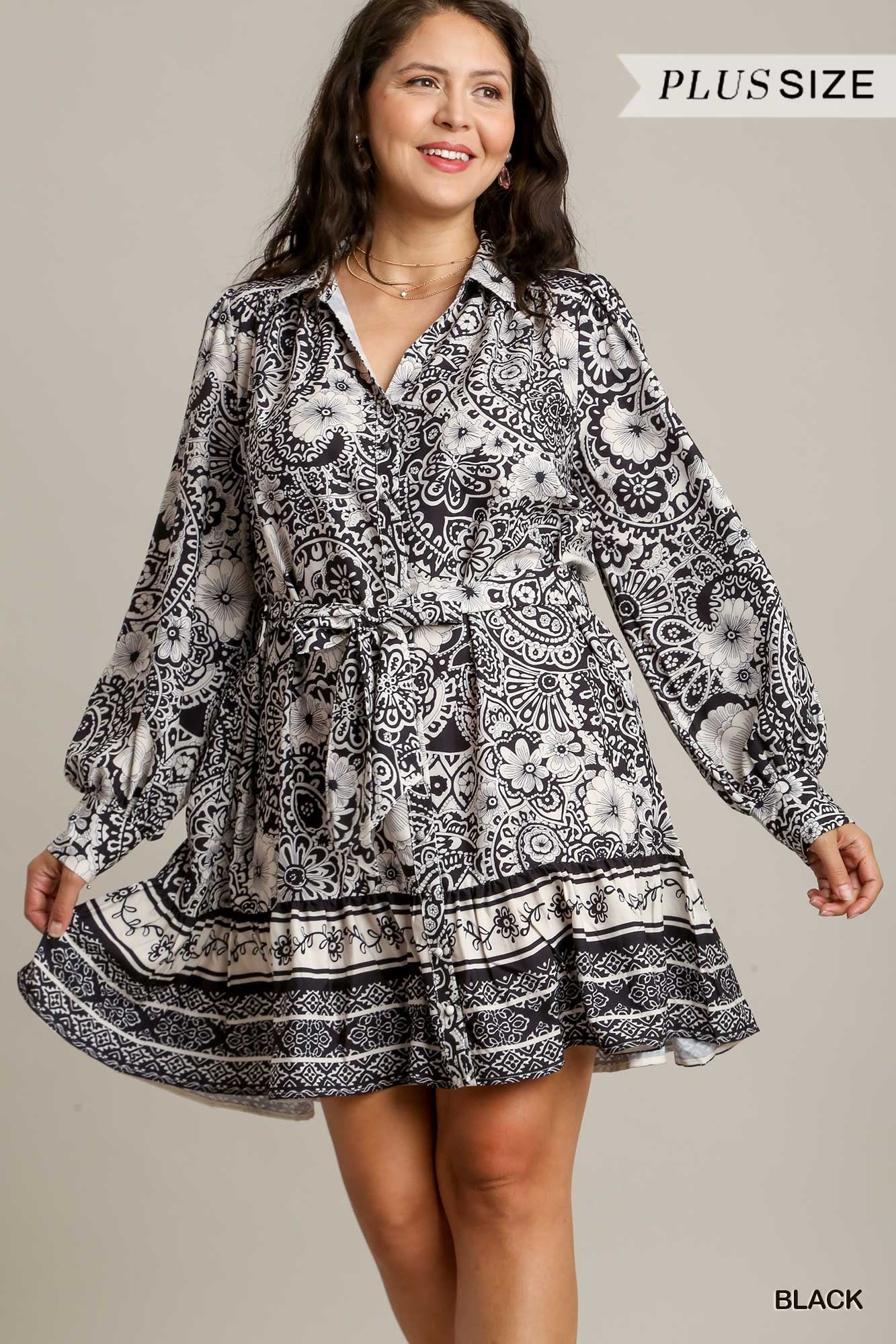 Umgee Plus Two Tone Floral Boarder Print Belt Dress