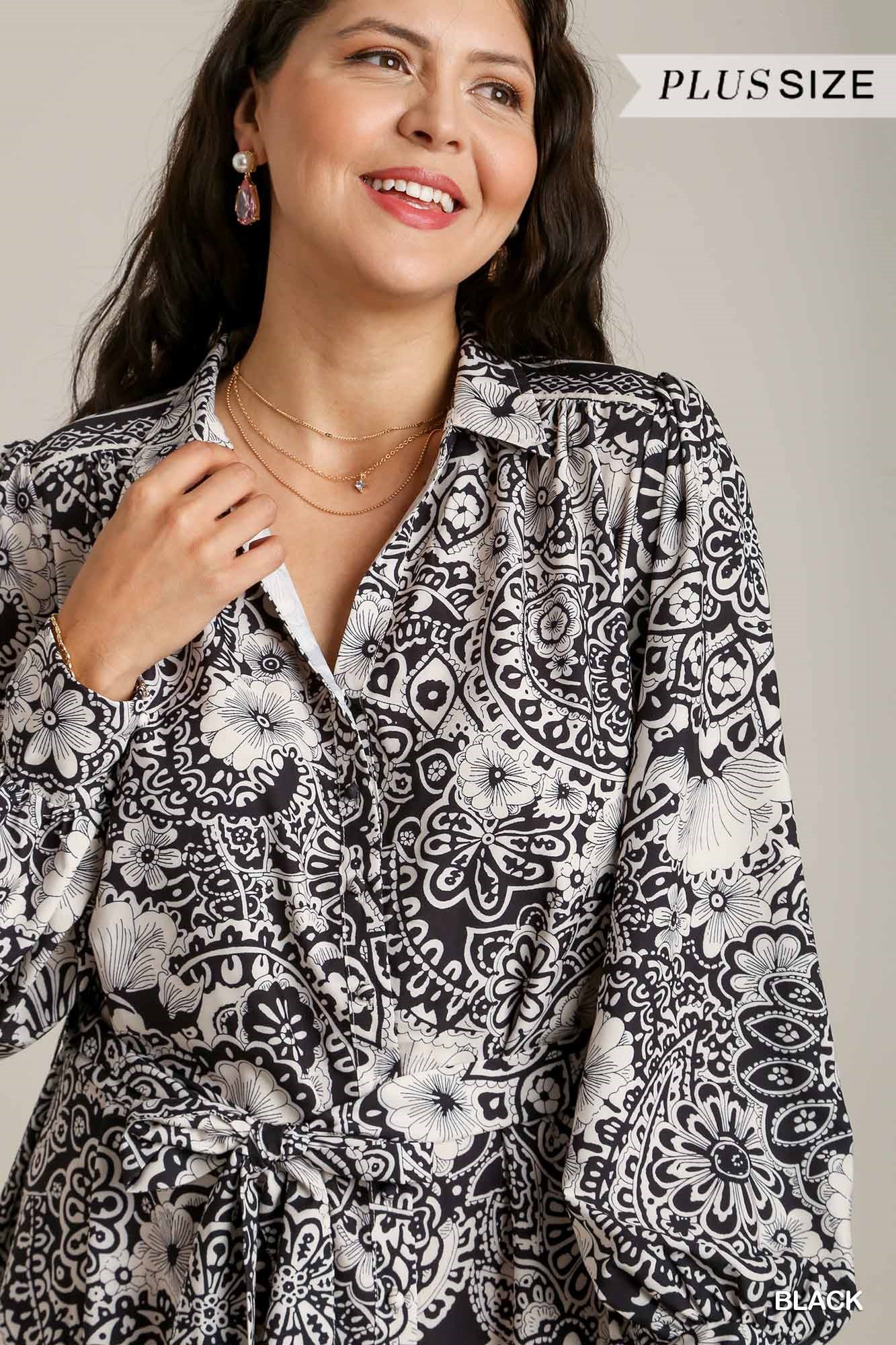 Umgee Plus Two Tone Floral Boarder Print Belt Dress