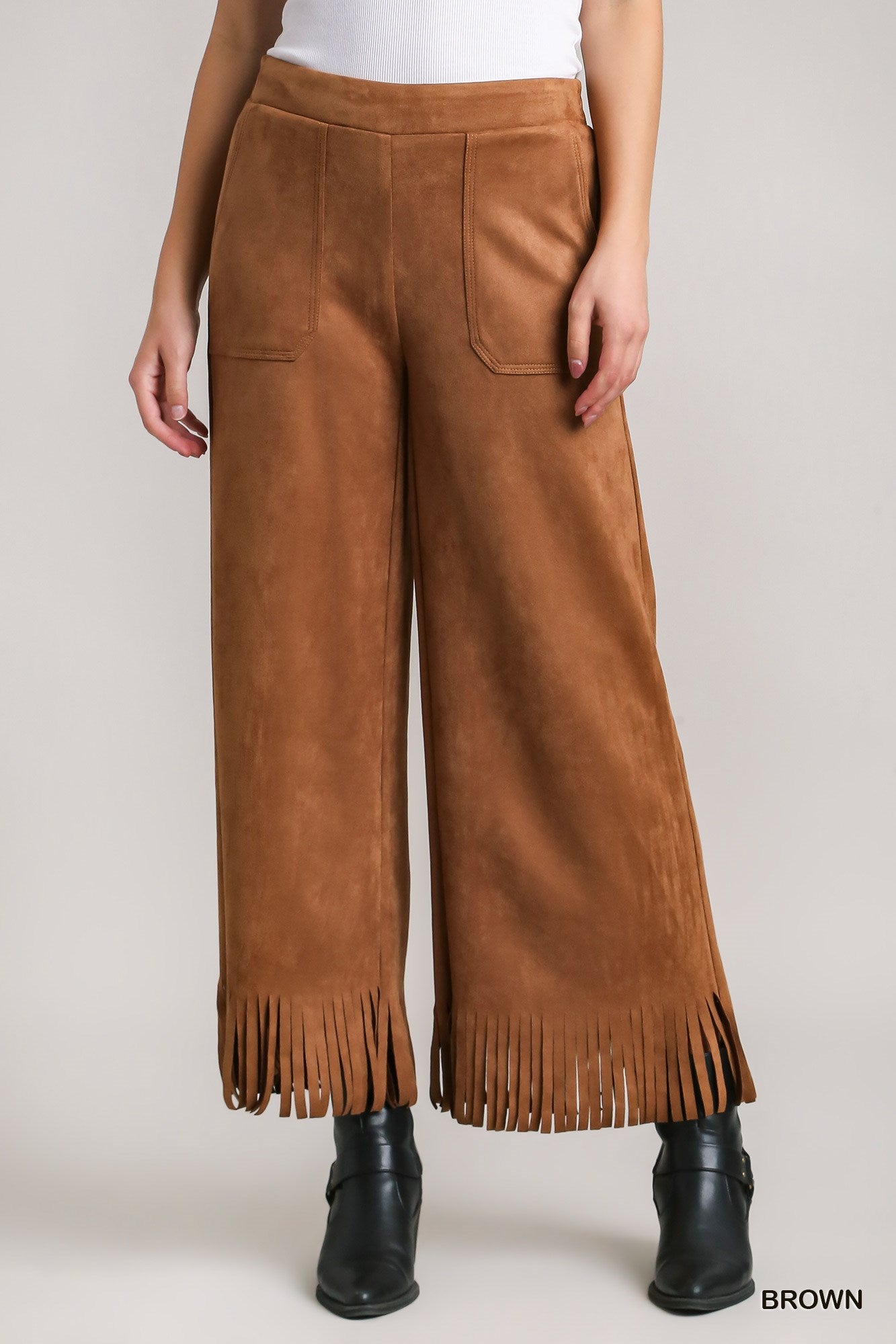 Umgee Solid Suede Long Thick Stitch Frey Hem Pants