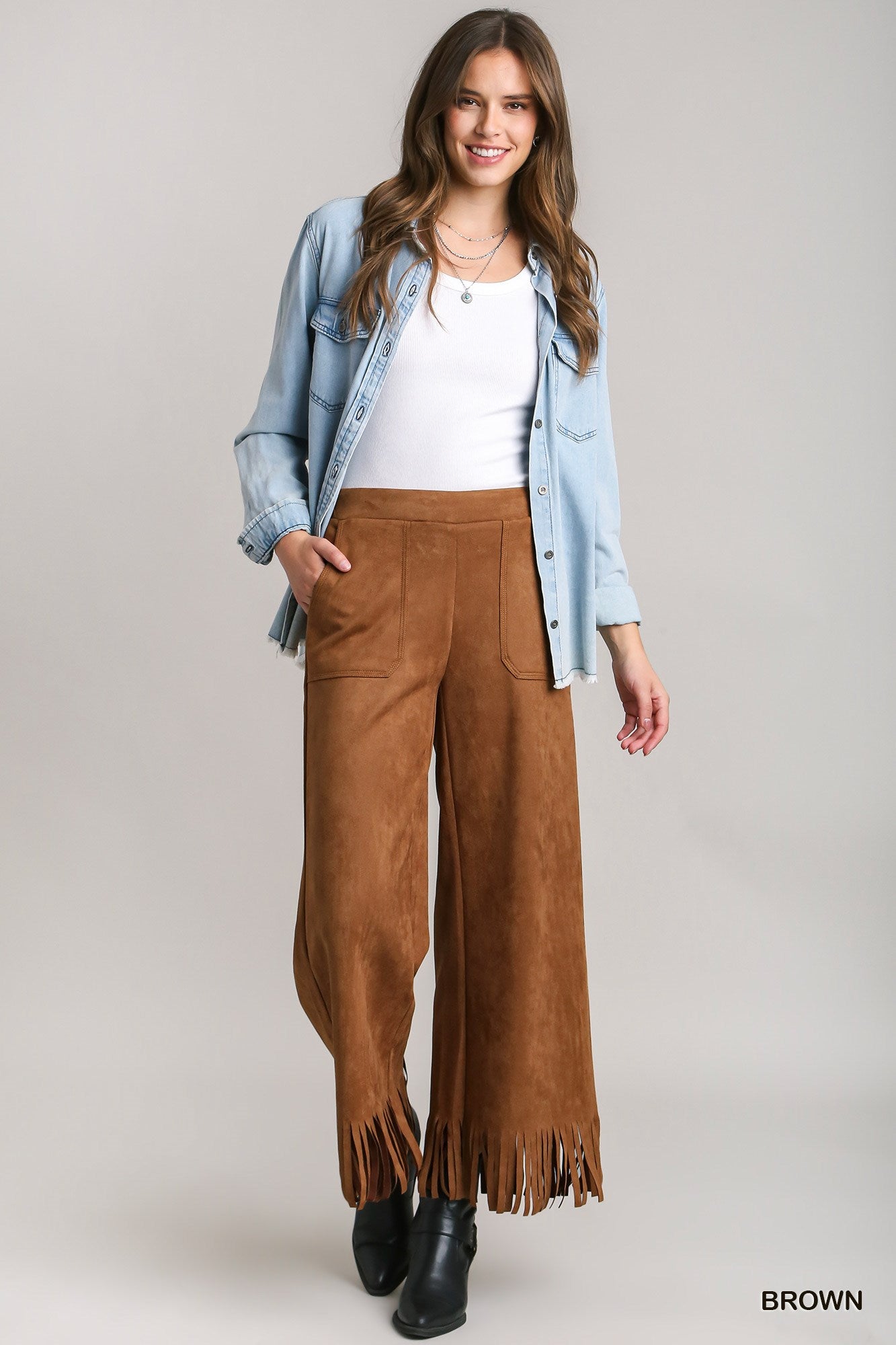 Umgee Solid Suede Long Thick Stitch Frey Hem Pants