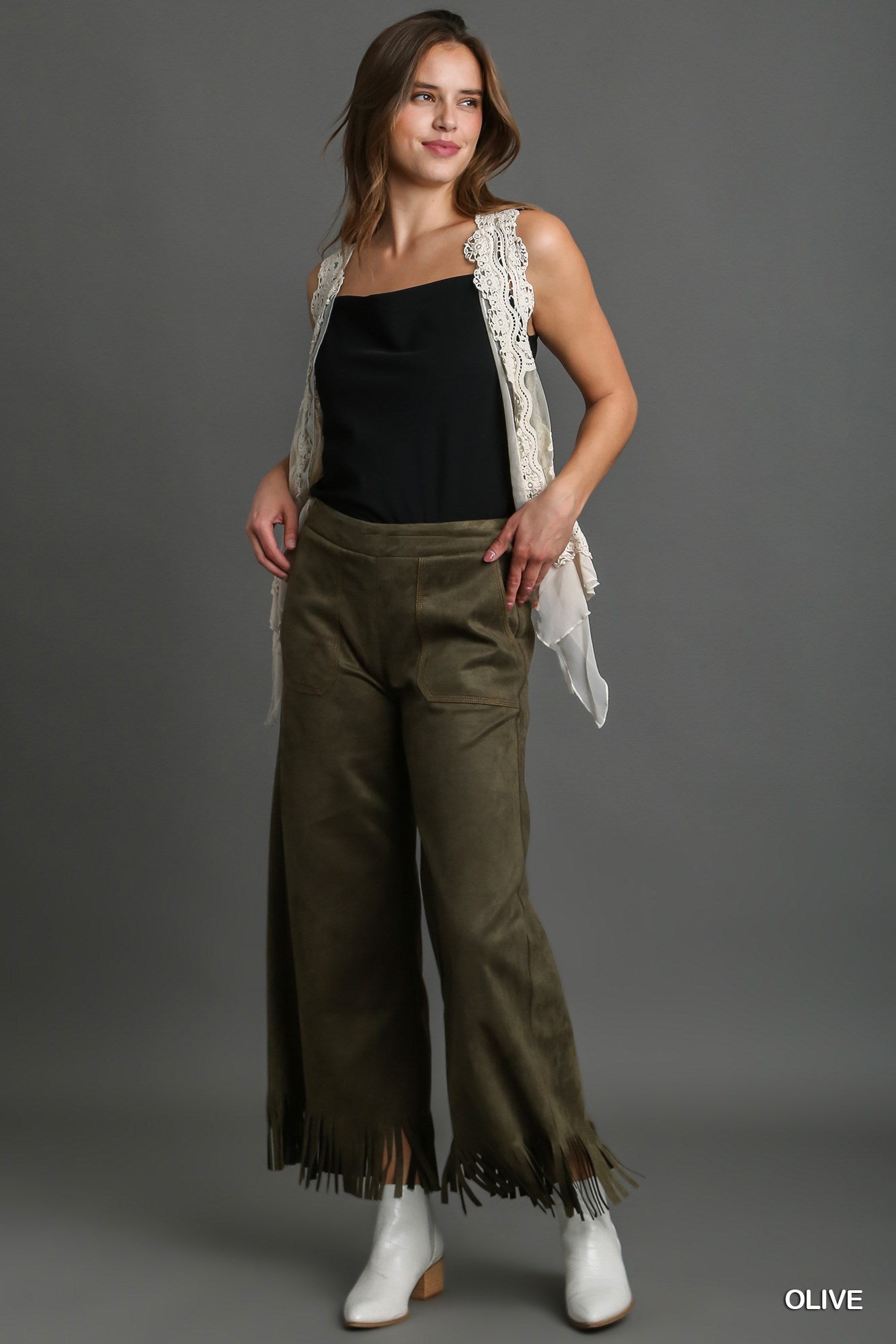 Umgee Solid Suede Long Thick Stitch Frey Hem Pants