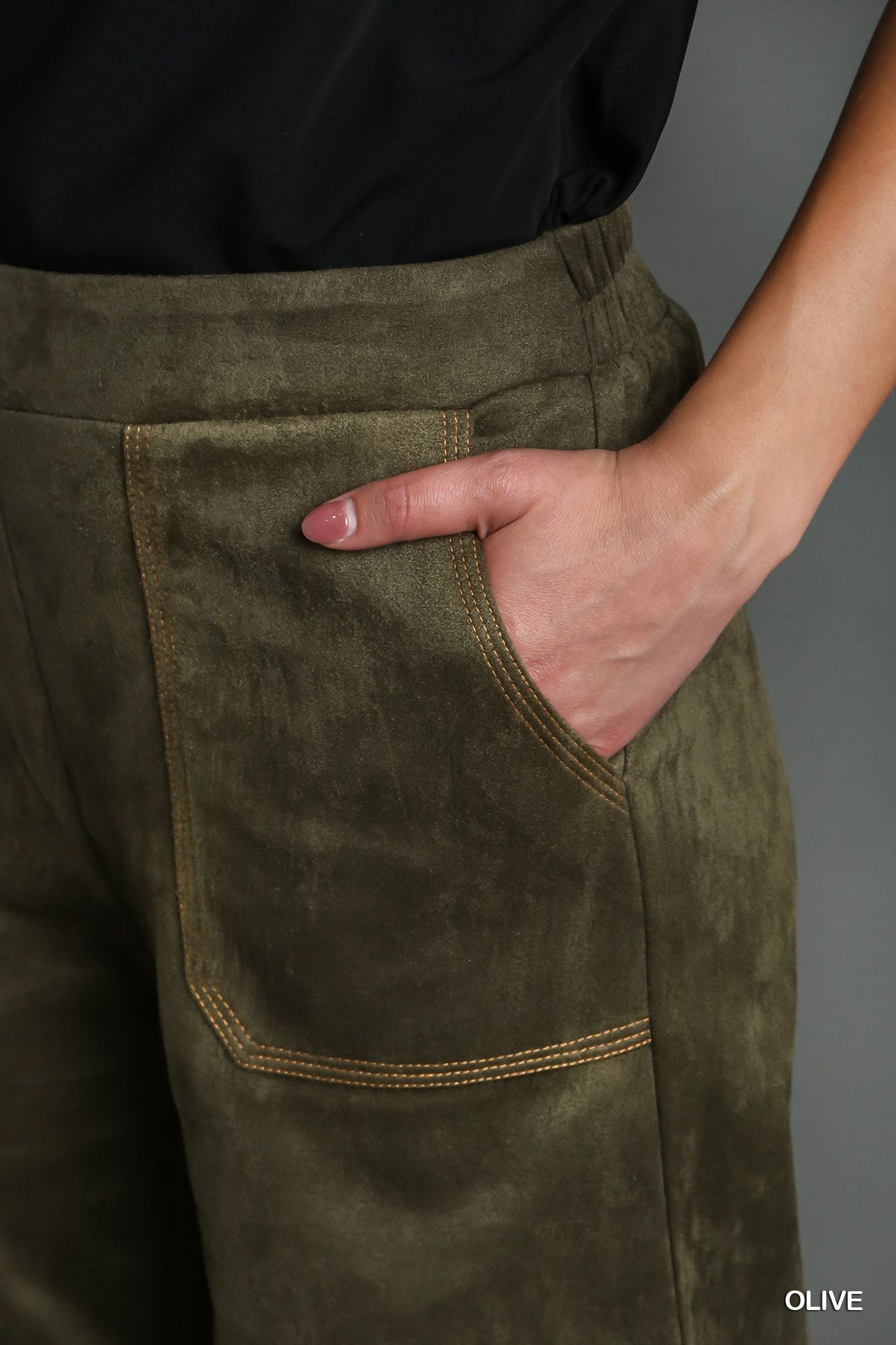 Umgee Solid Suede Long Thick Stitch Frey Hem Pants
