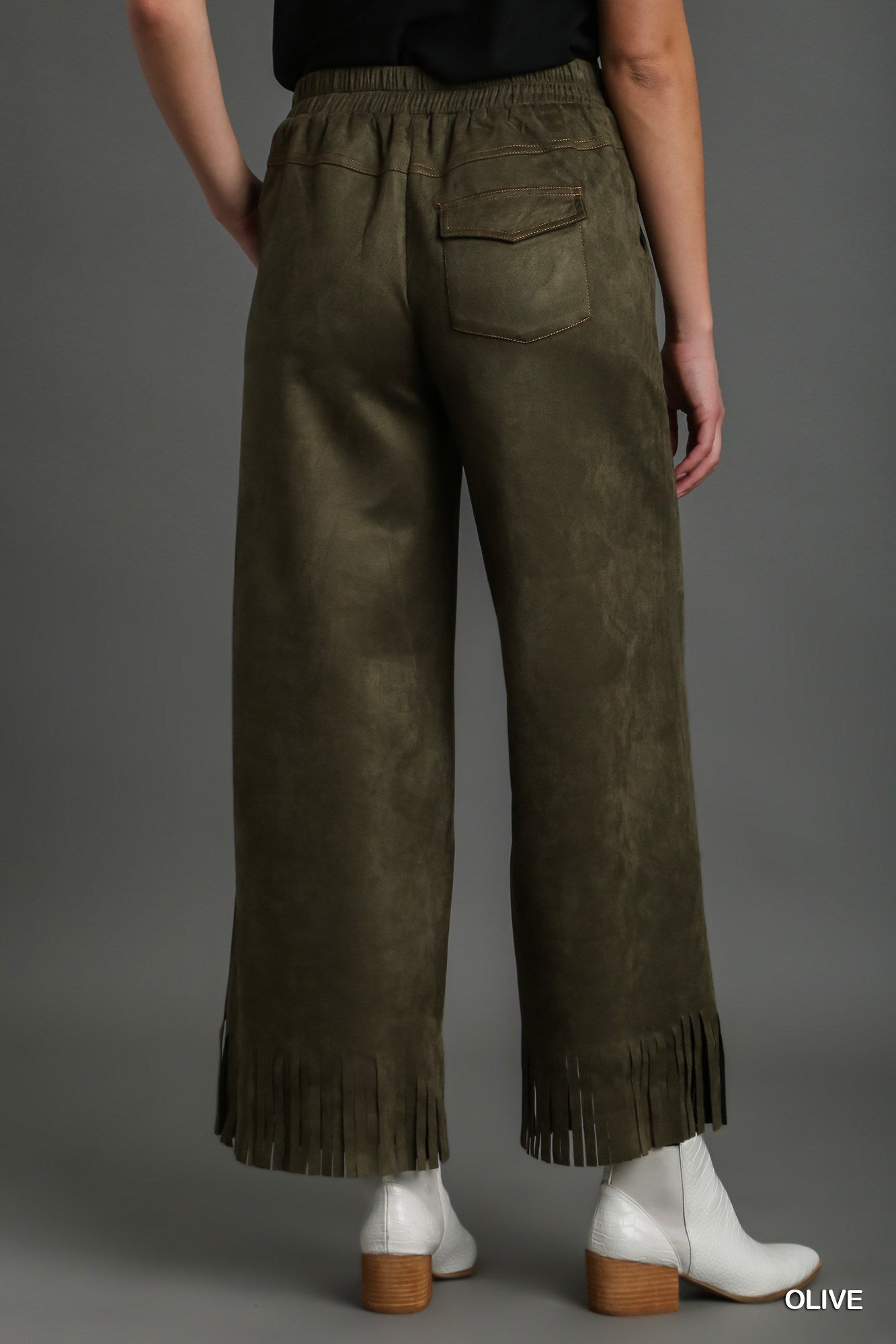 Umgee Solid Suede Long Thick Stitch Frey Hem Pants