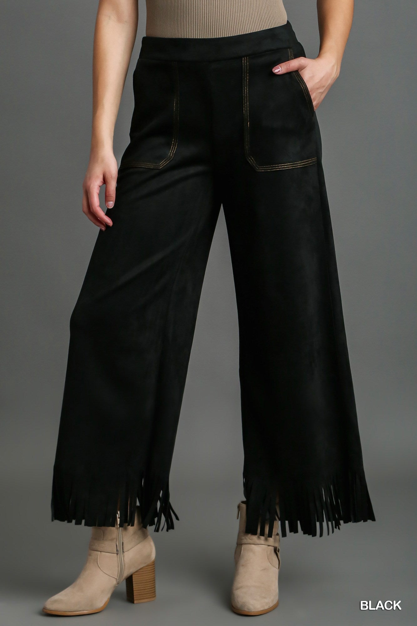 Umgee Solid Suede Long Thick Stitch Frey Hem Pants