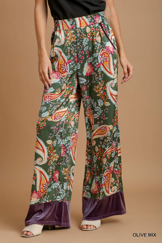 Umgee Paisley Printed Elastic Waistband Long Solid Velvet Pants