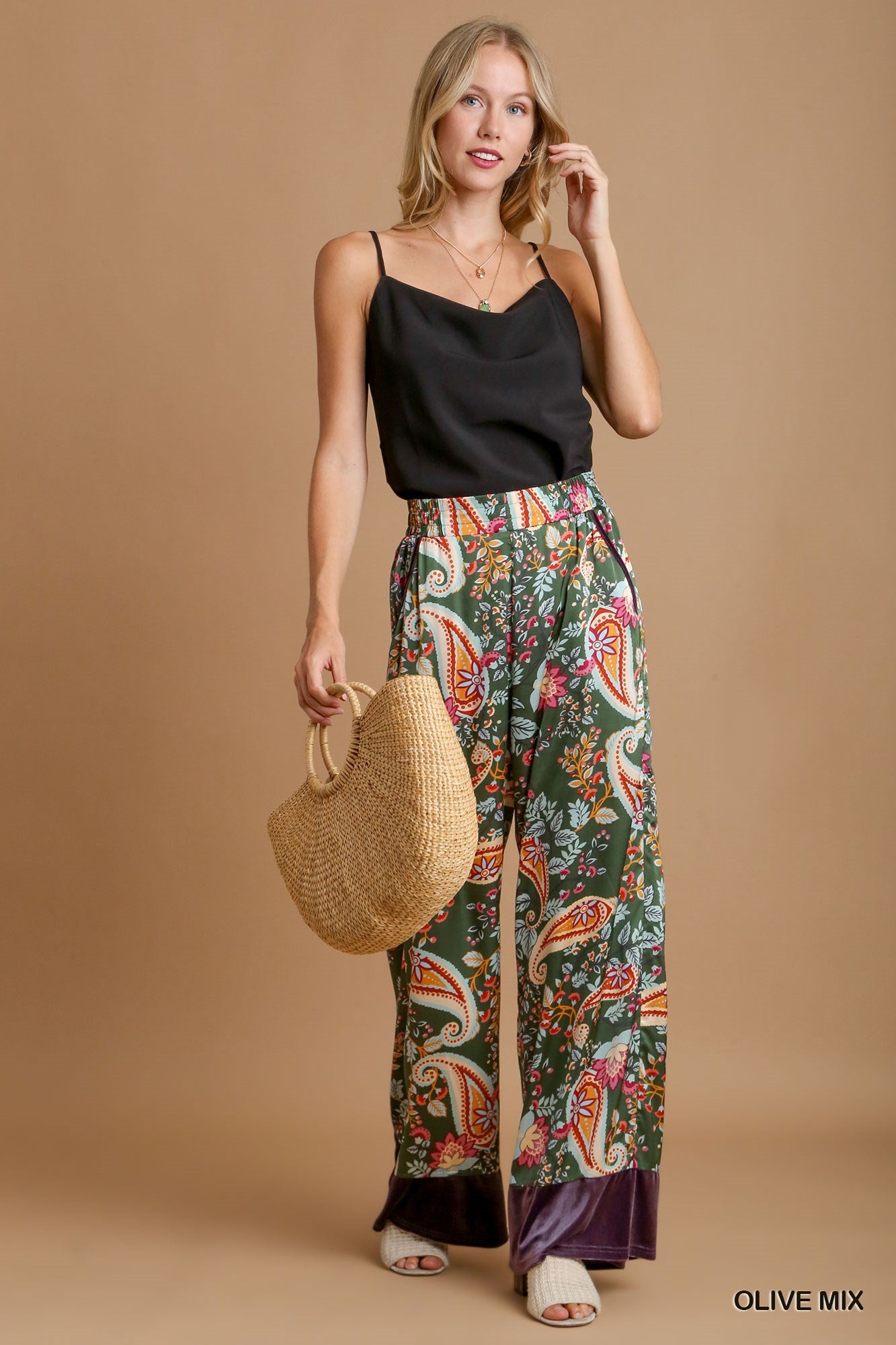 Umgee Paisley Printed Elastic Waistband Long Solid Velvet Pants