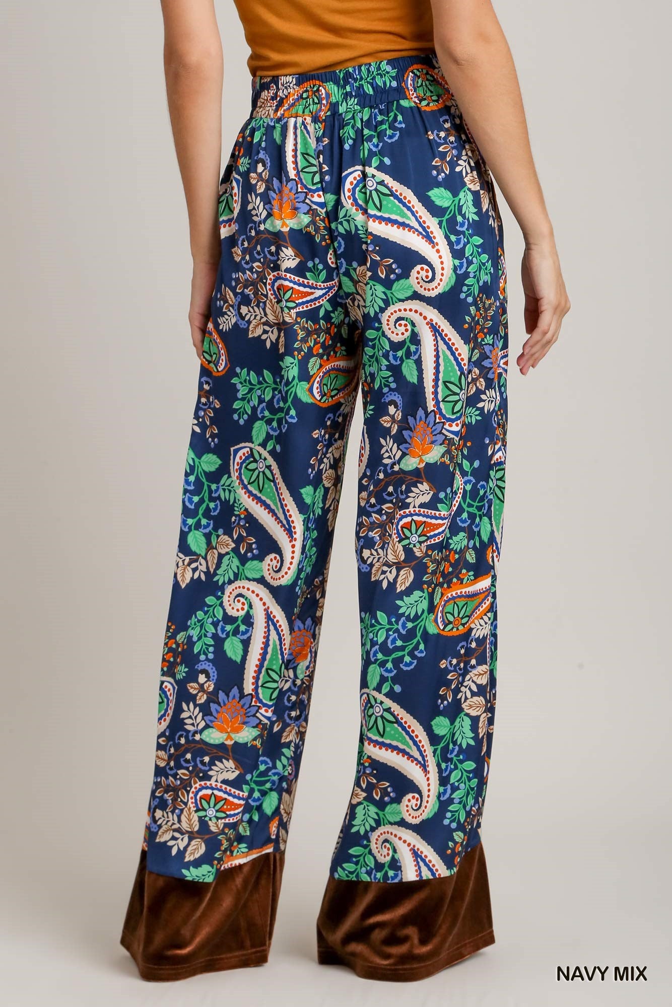 Umgee Paisley Printed Elastic Waistband Long Solid Velvet Pants