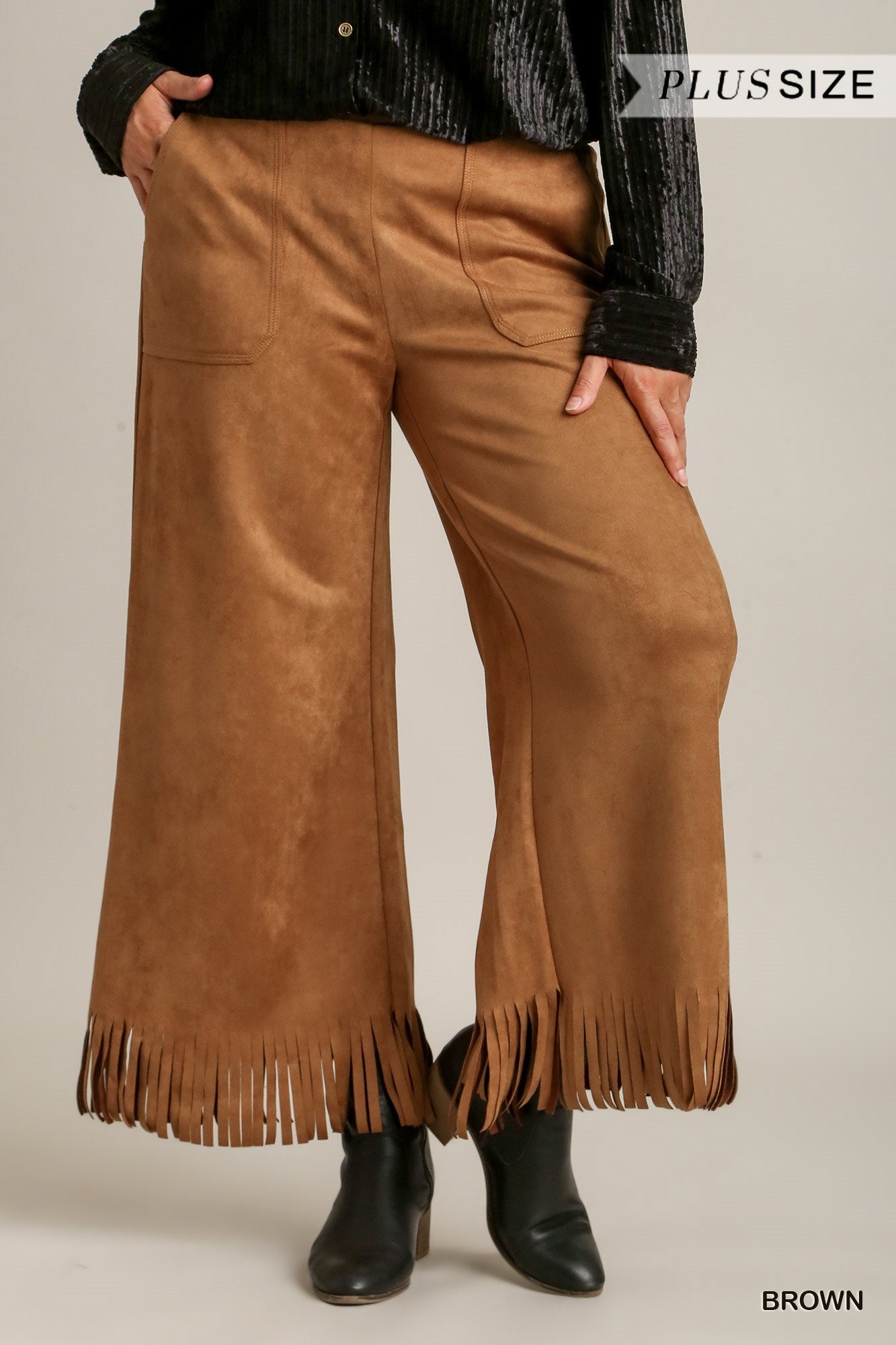 Umgee Plus Solid Suede Frey Hem Thick Stitch Long Pants