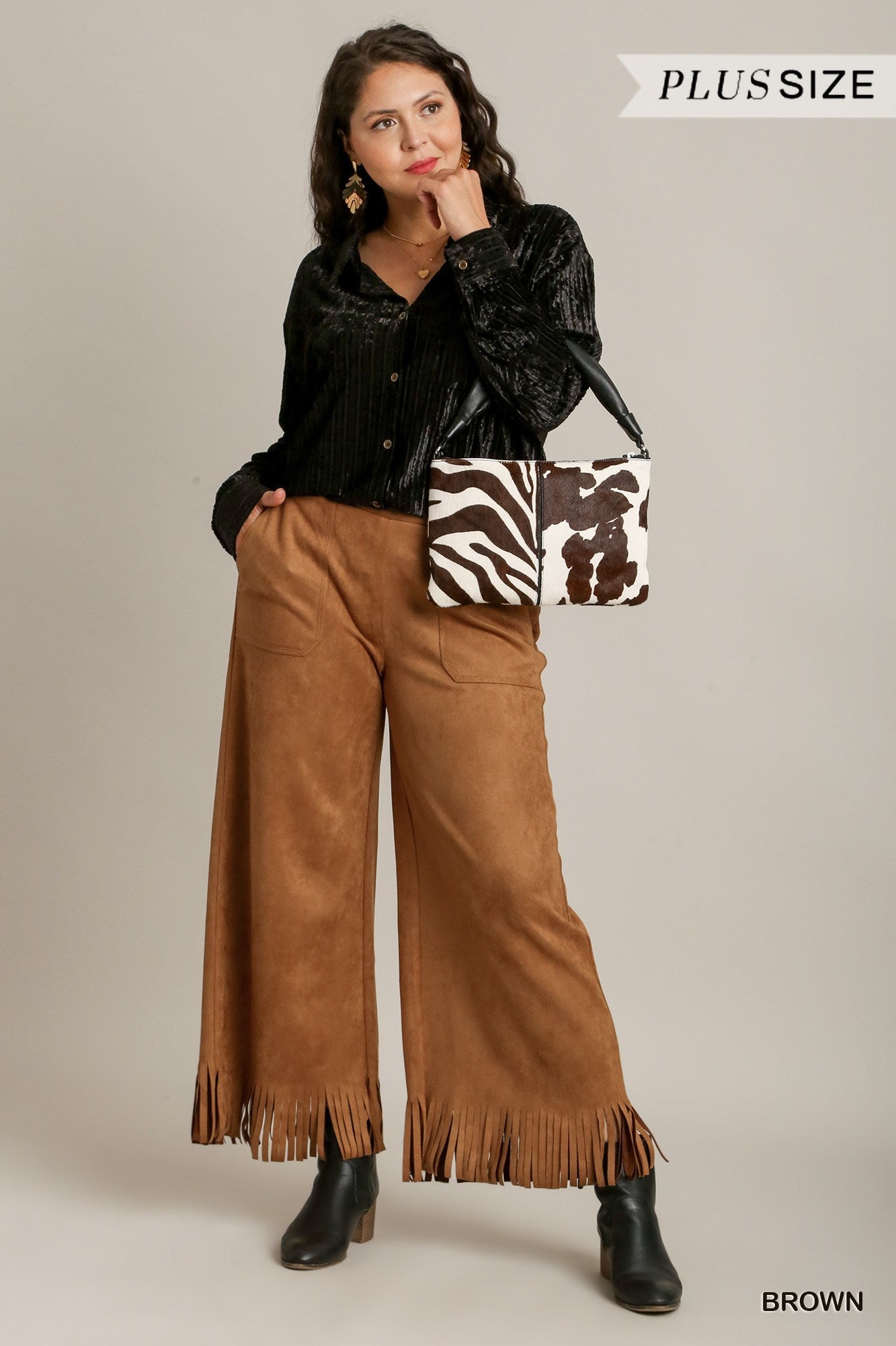 Umgee Plus Solid Suede Frey Hem Thick Stitch Long Pants