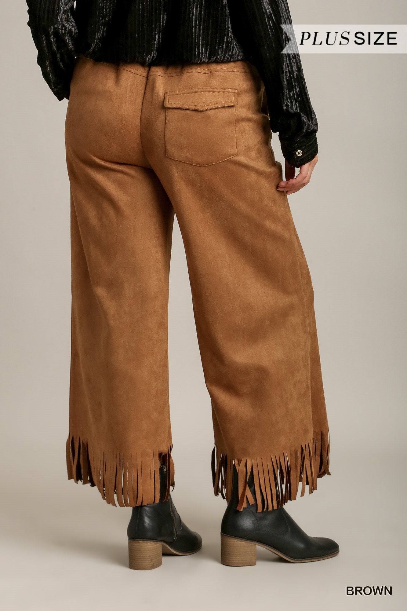 Umgee Plus Solid Suede Frey Hem Thick Stitch Long Pants