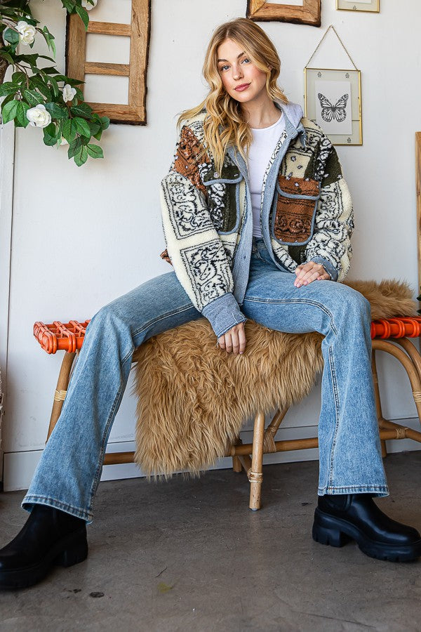 Oli & Hali Bandana Print Mixed Sherpa Jacket