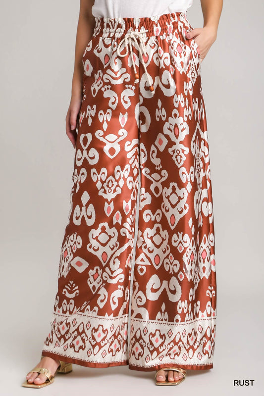 Umgee Print Wood Trim Elastic Waist Band Front Tie Bead Pants