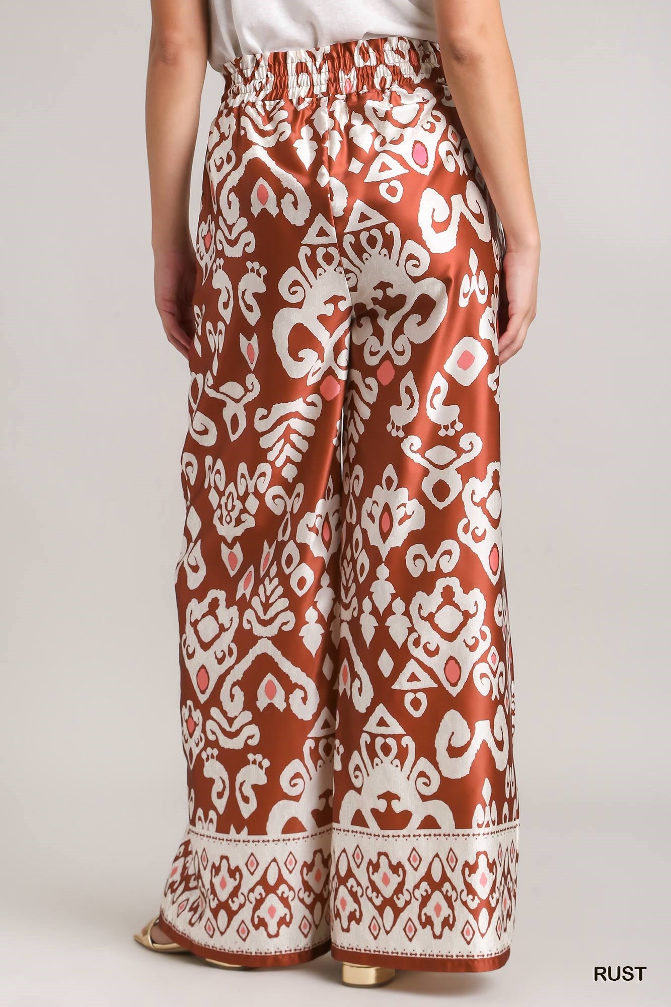 Umgee Print Wood Trim Elastic Waist Band Front Tie Bead Pants