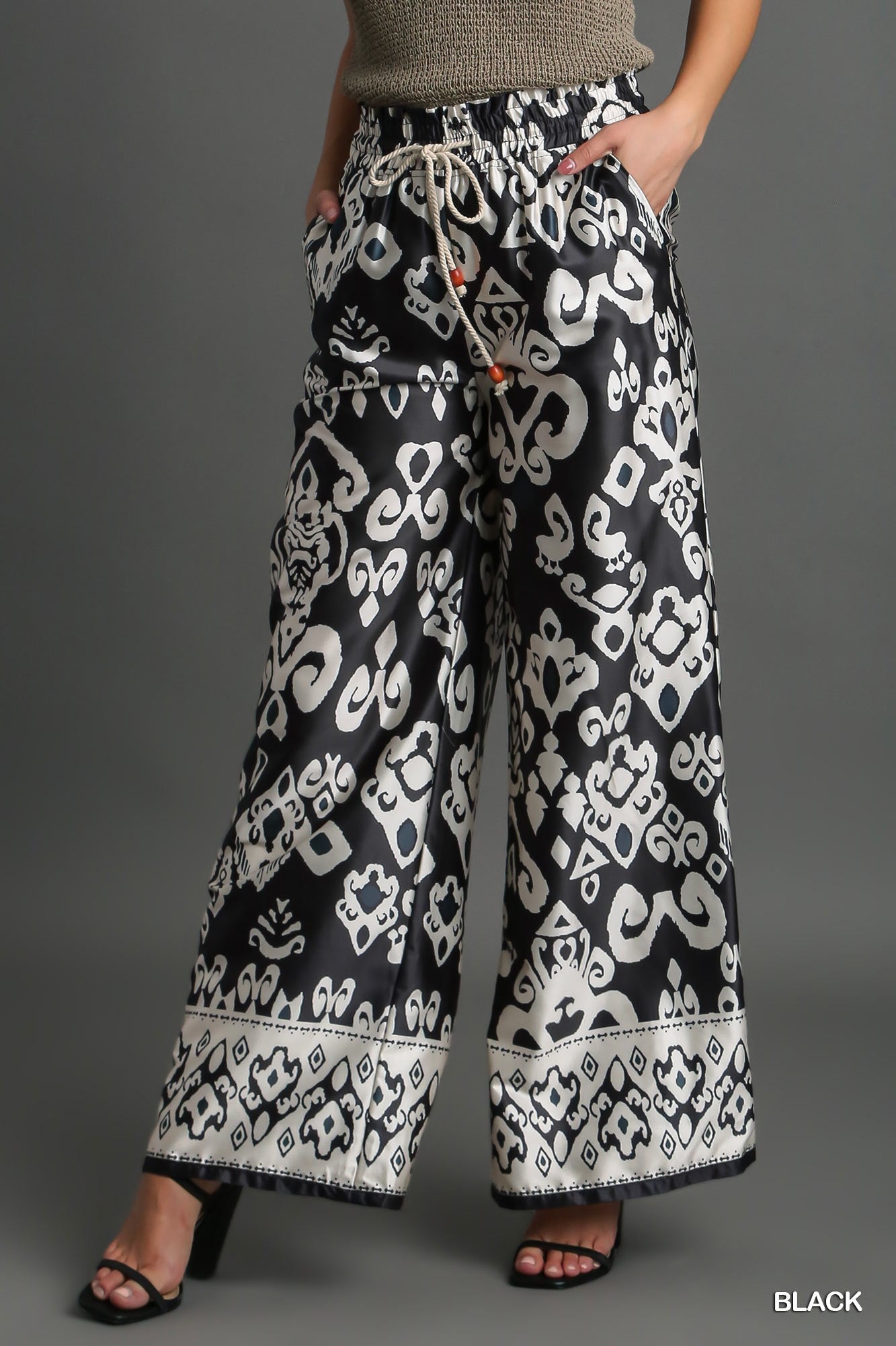 Umgee Print Wood Trim Elastic Waist Band Front Tie Bead Pants