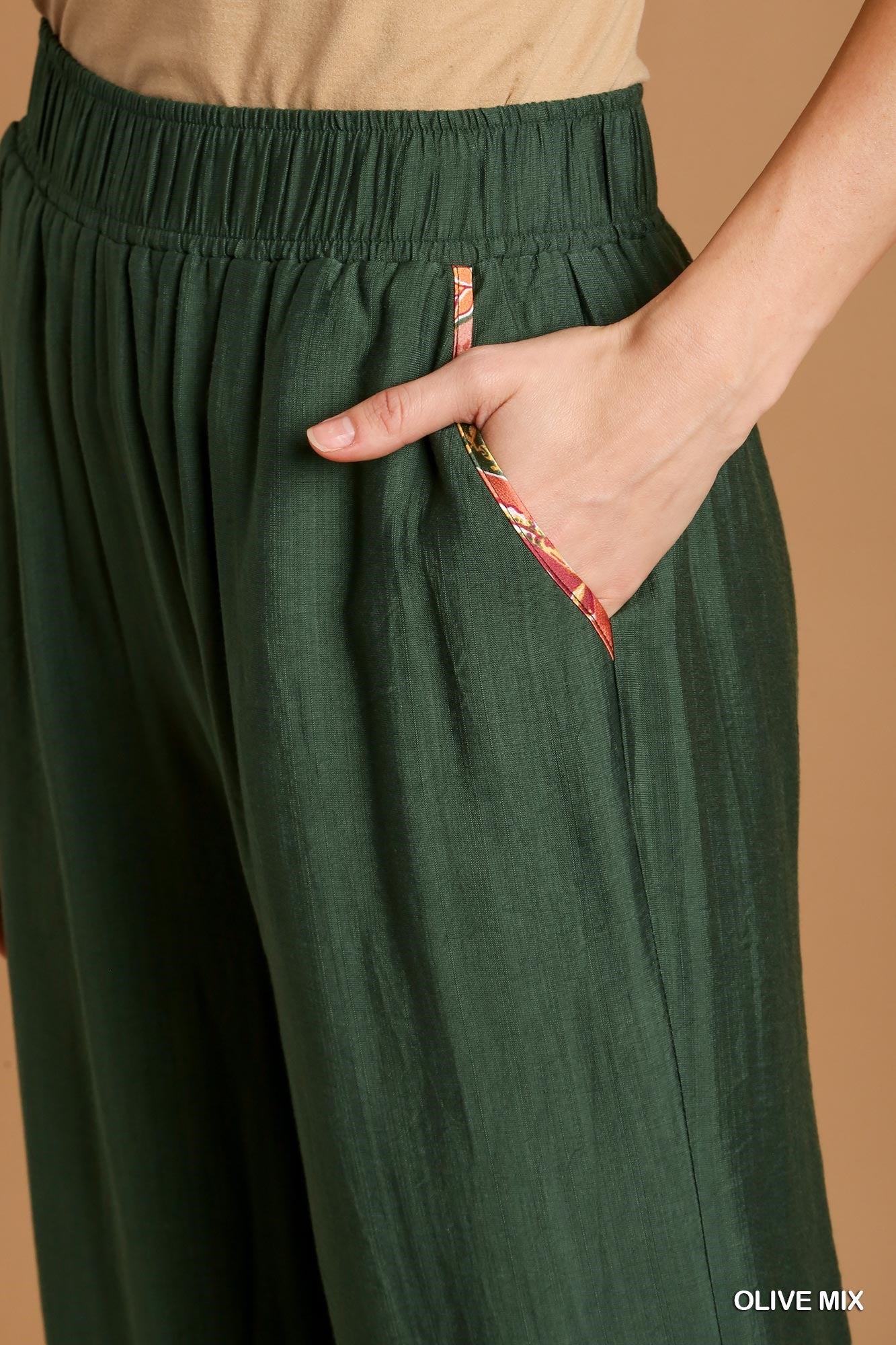 Umgee Boarder Print Ruffle Hem Wide Elastic Waistband Leg Pants