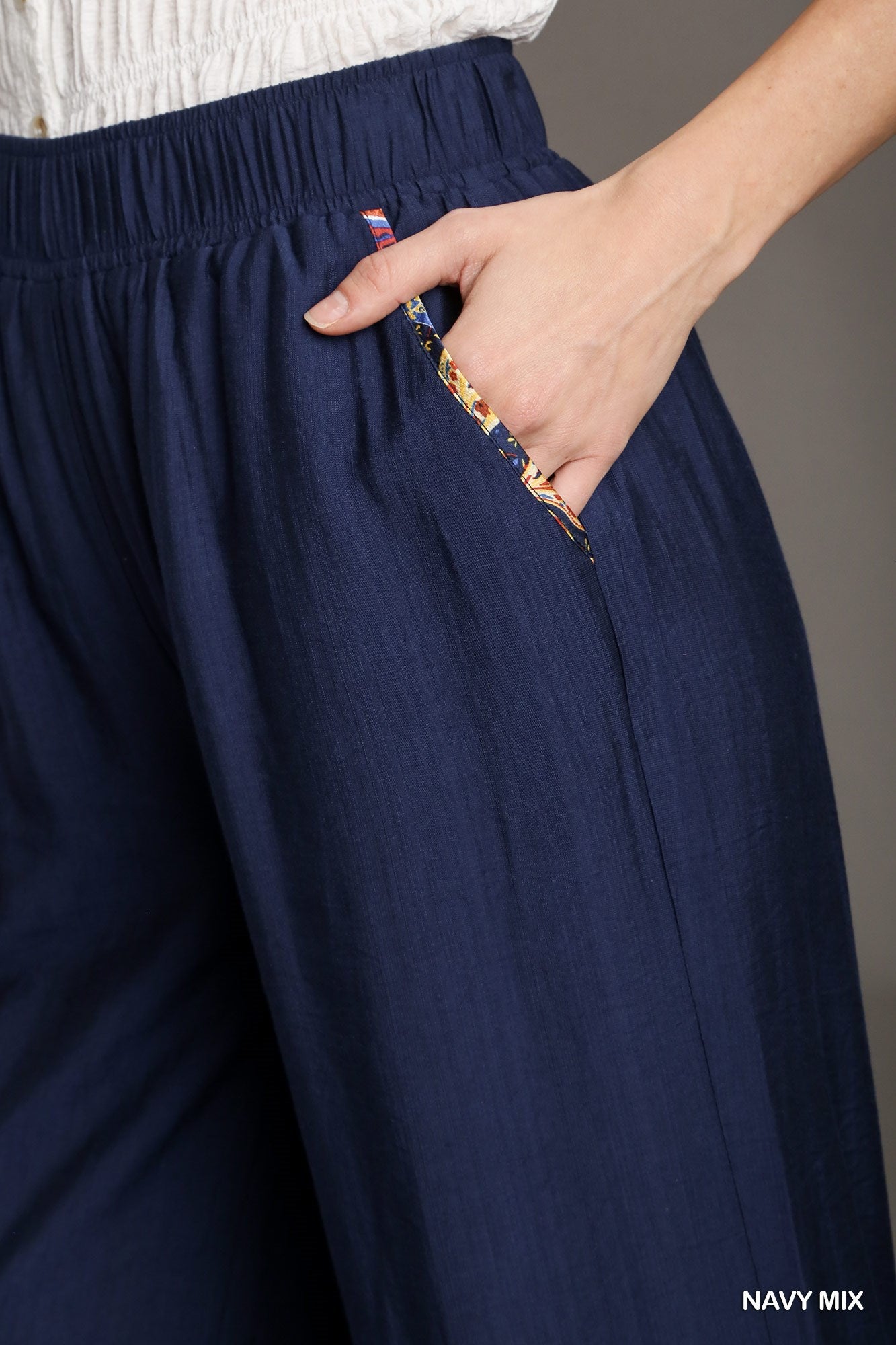 Umgee Boarder Print Ruffle Hem Wide Elastic Waistband Leg Pants