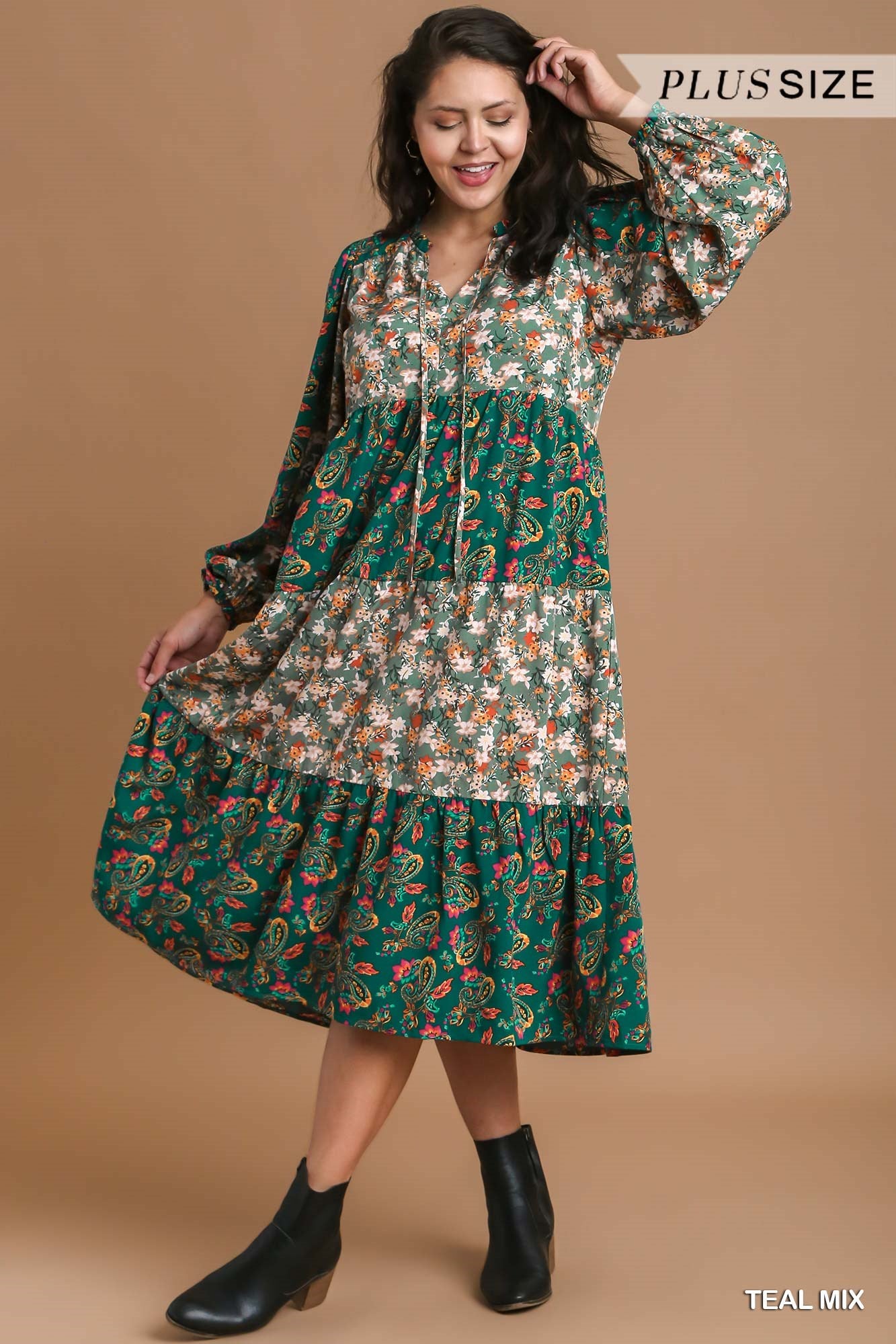 Umgee Plus Ruffle V-Neck Mixed Print Tiered Midi Dress