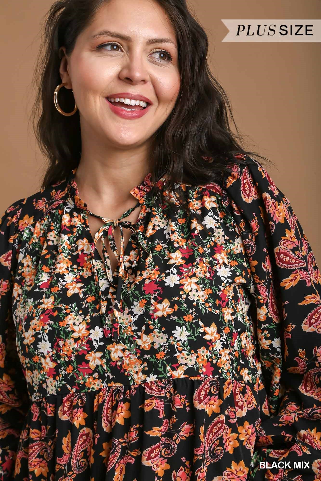 Umgee Plus Ruffle V-Neck Mixed Print Tiered Midi Dress