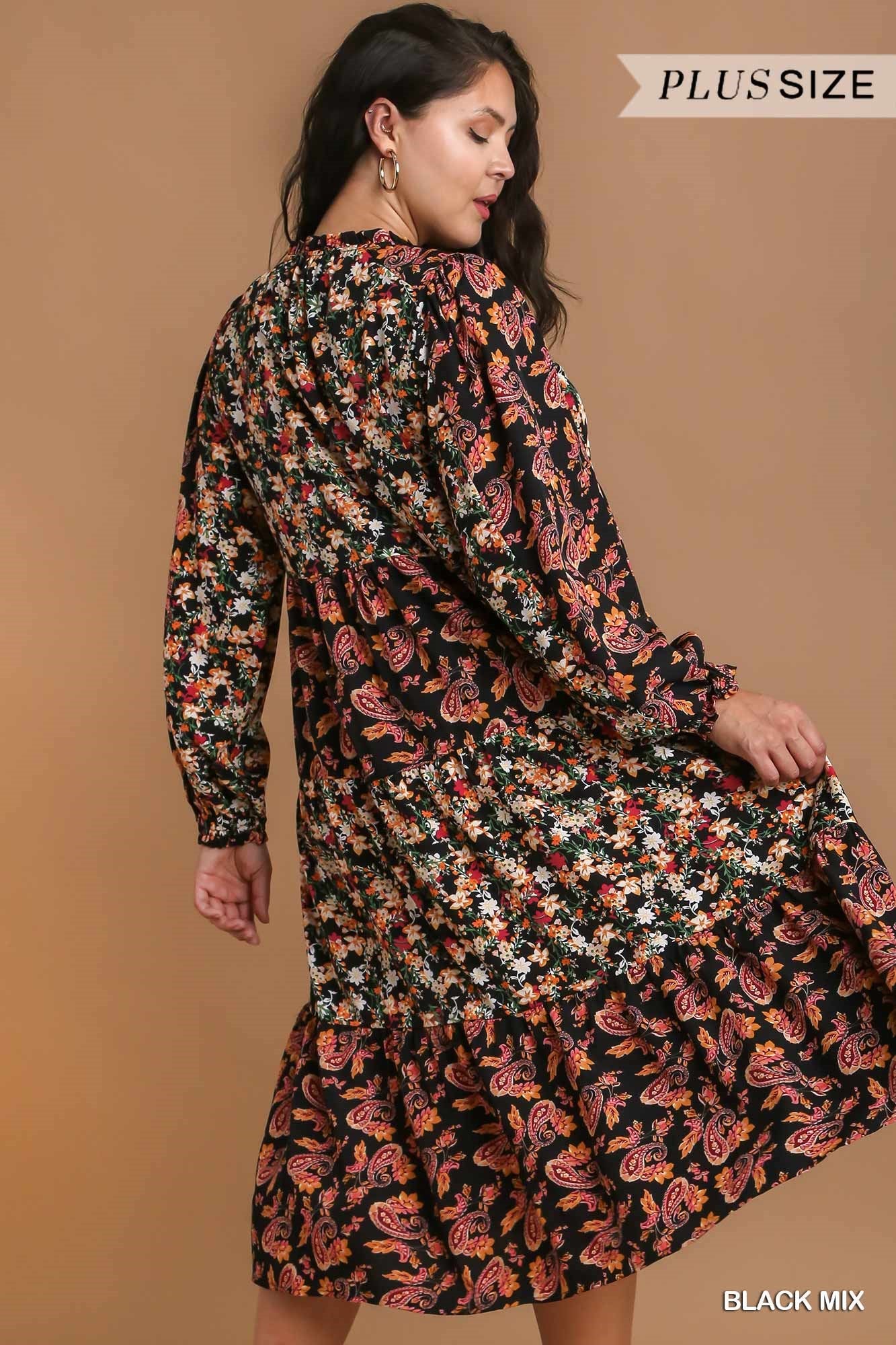 Umgee Plus Ruffle V-Neck Mixed Print Tiered Midi Dress