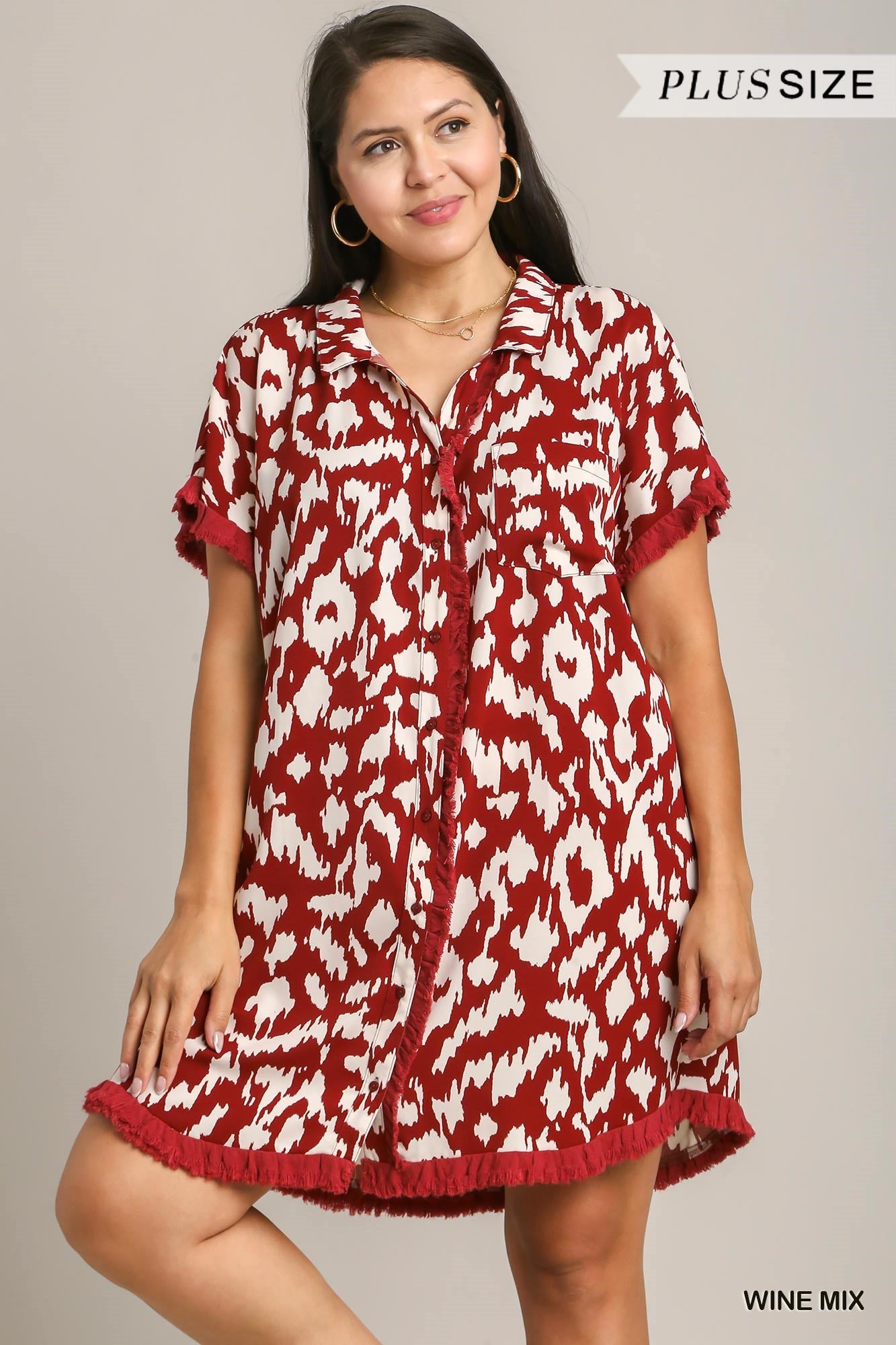 Umgee Plus Collared Button Down High Low Unfinished Frayed Hem Dress