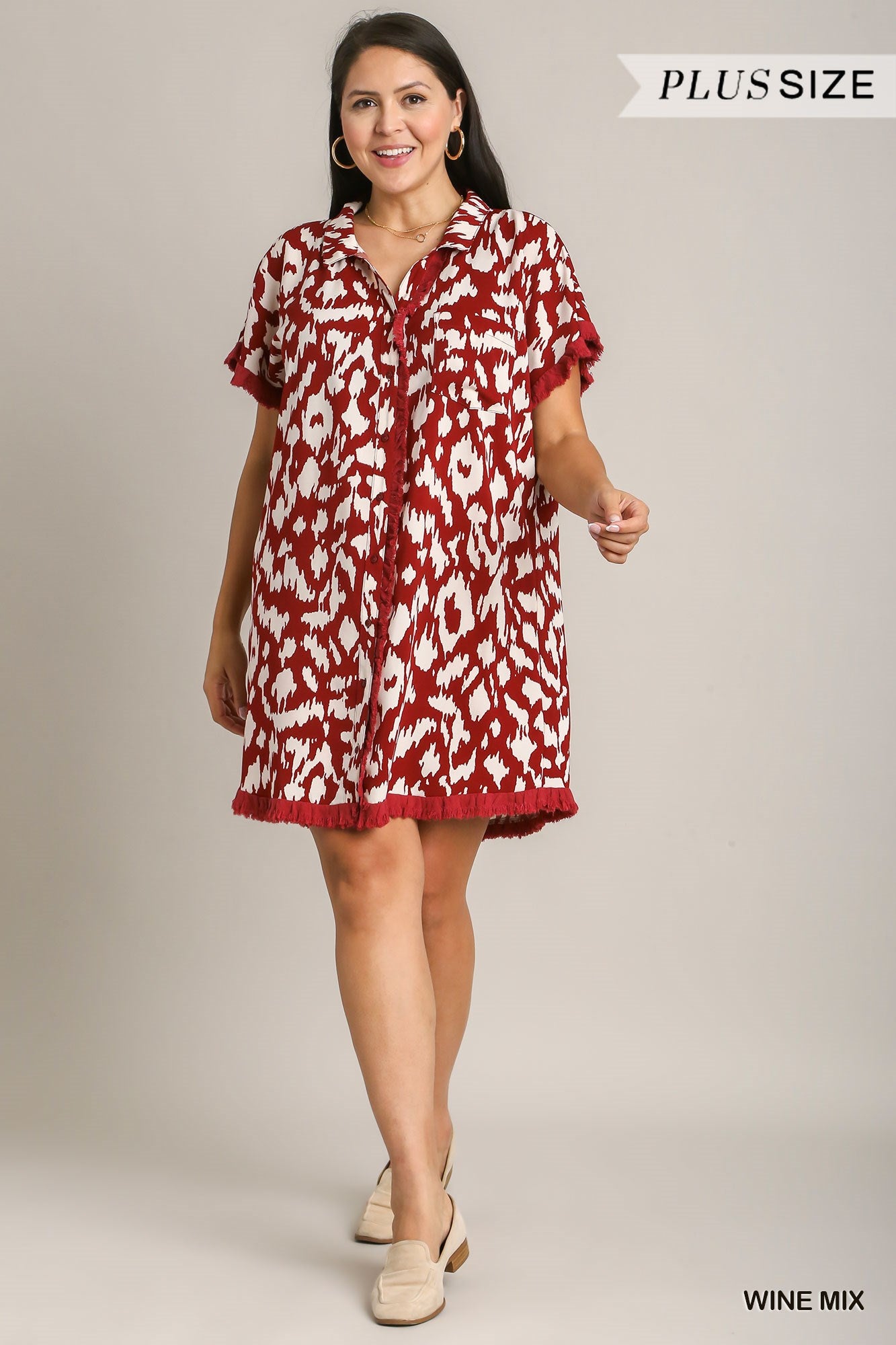 Umgee Plus Collared Button Down High Low Unfinished Frayed Hem Dress