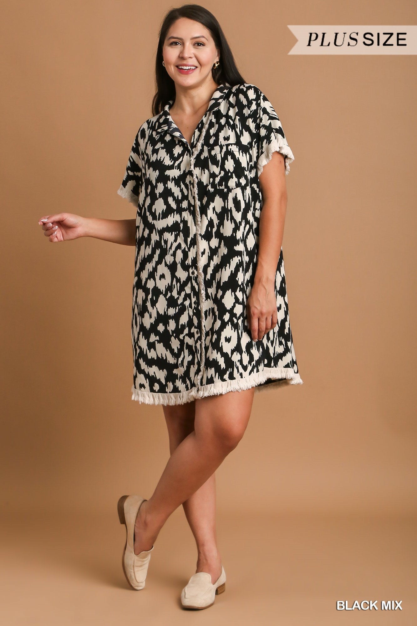 Umgee Plus Collared Button Down High Low Unfinished Frayed Hem Dress