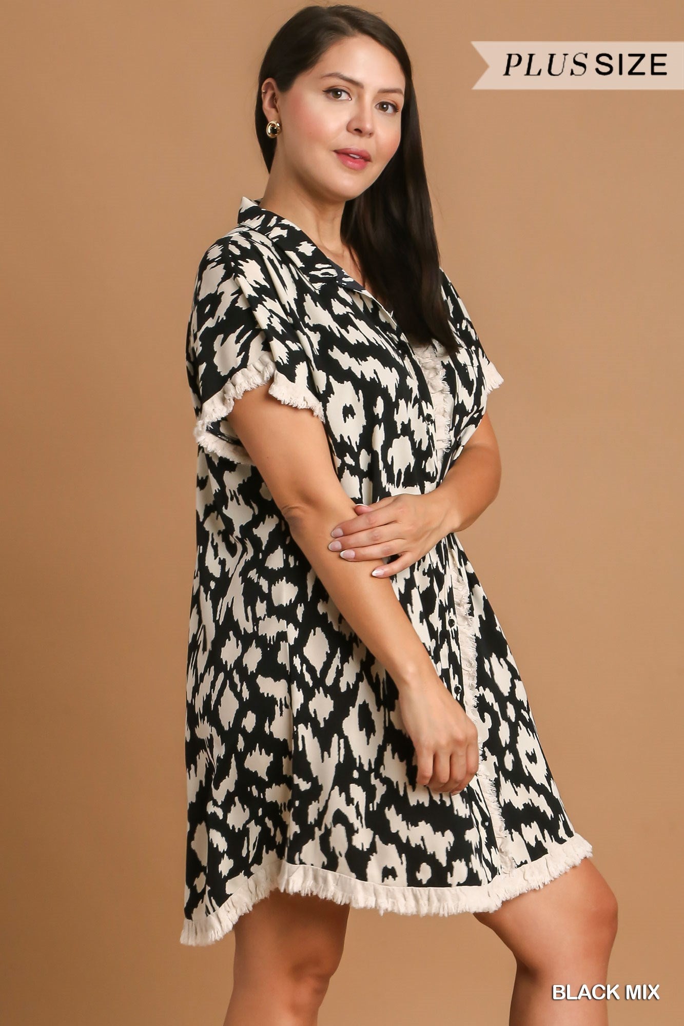 Umgee Plus Collared Button Down High Low Unfinished Frayed Hem Dress