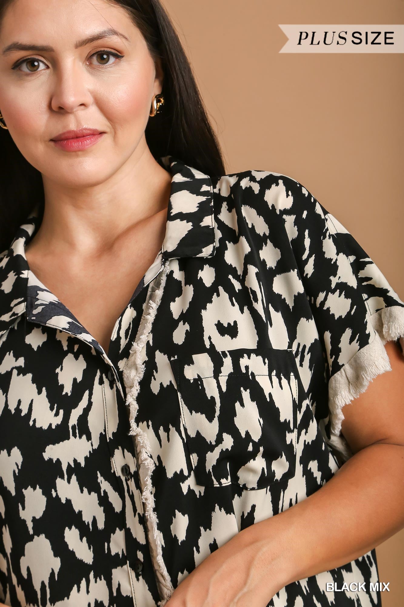 Umgee Plus Collared Button Down High Low Unfinished Frayed Hem Dress