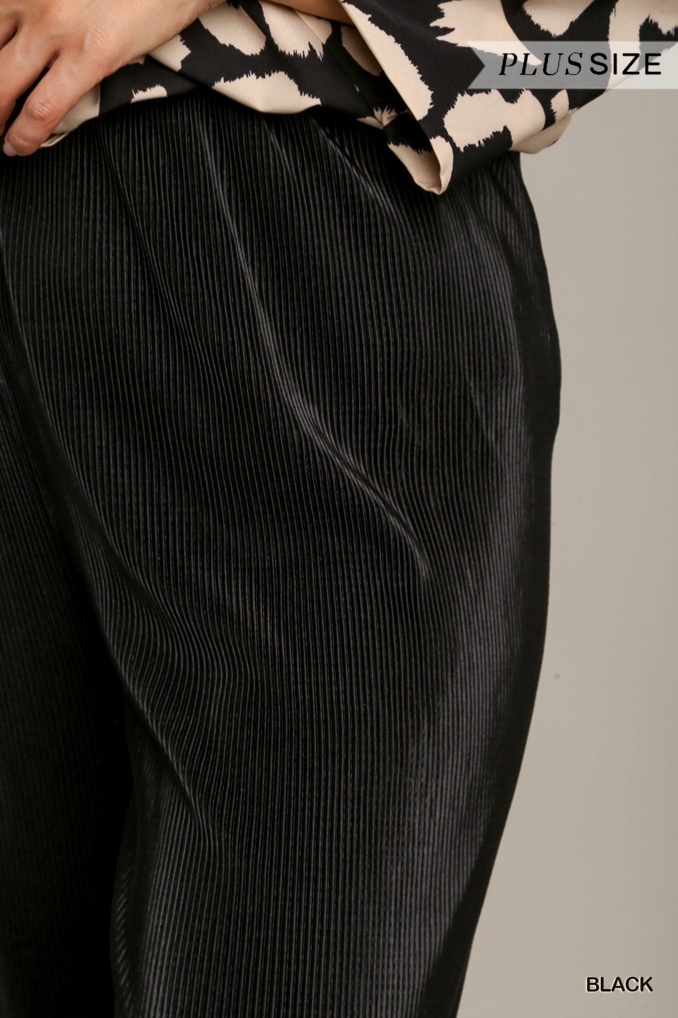 Umgee Plus Elastic Waistband Pleated Satin Wide Pants