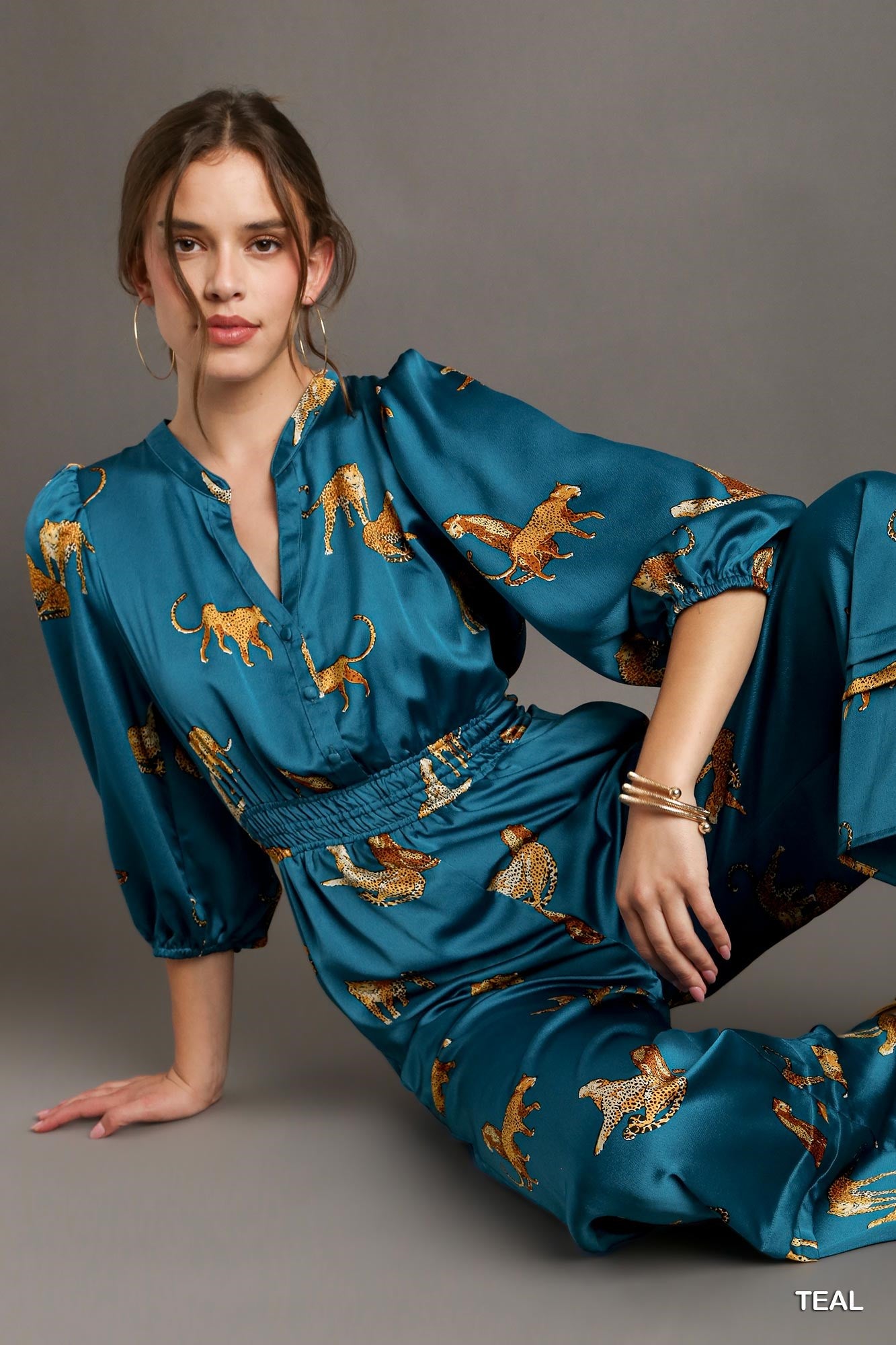 Umgee Cheetah Print Smocked Waist Jumpsuit