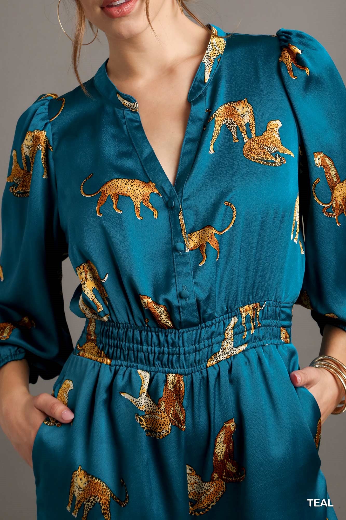 Umgee Cheetah Print Smocked Waist Jumpsuit