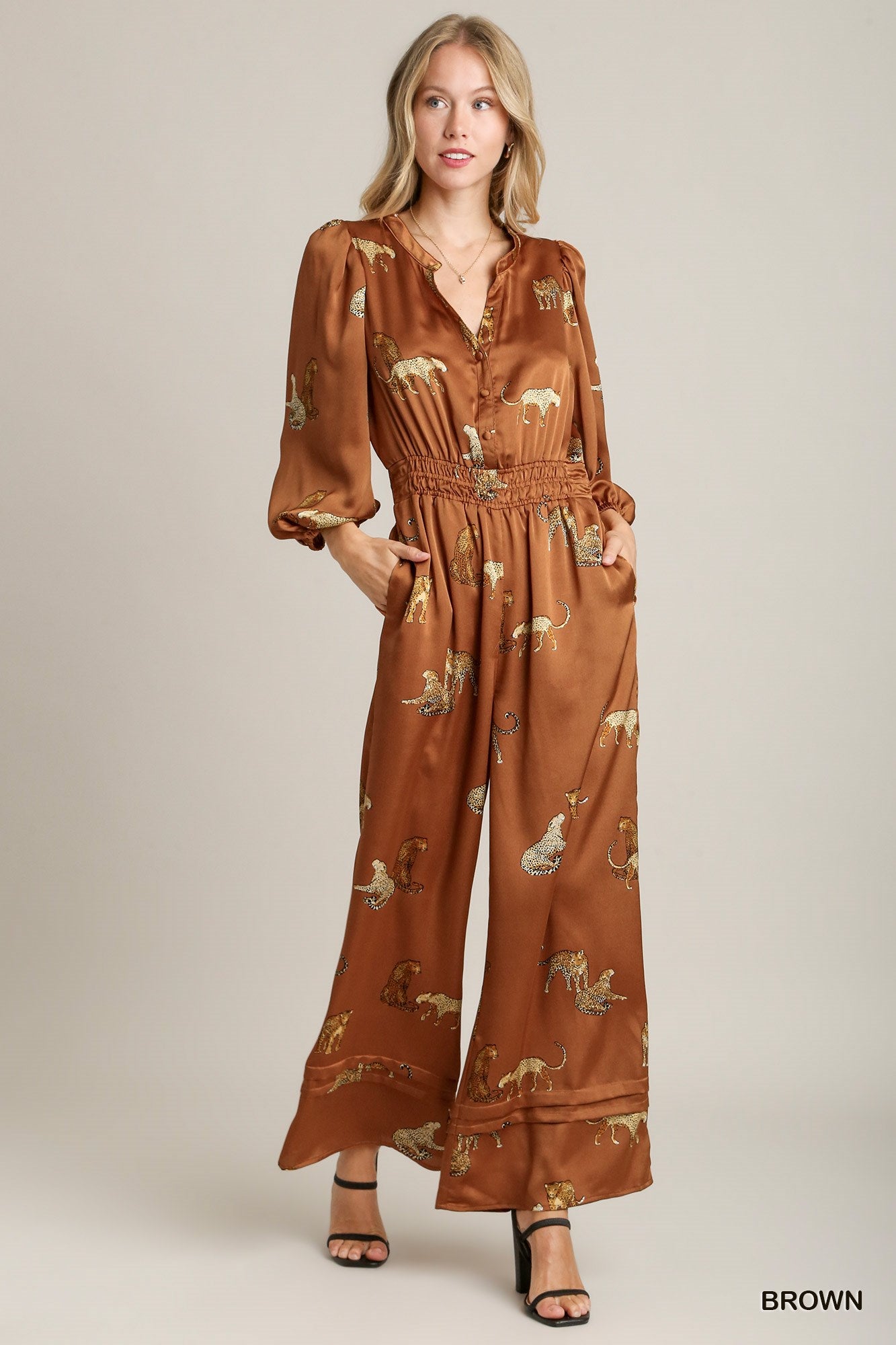 Umgee Cheetah Print Smocked Waist Jumpsuit