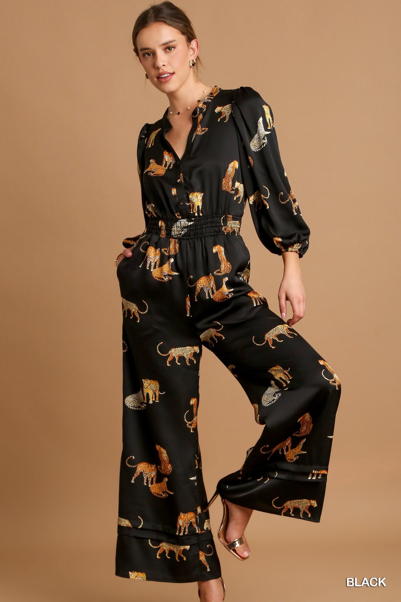 Umgee Cheetah Print Smocked Waist Jumpsuit