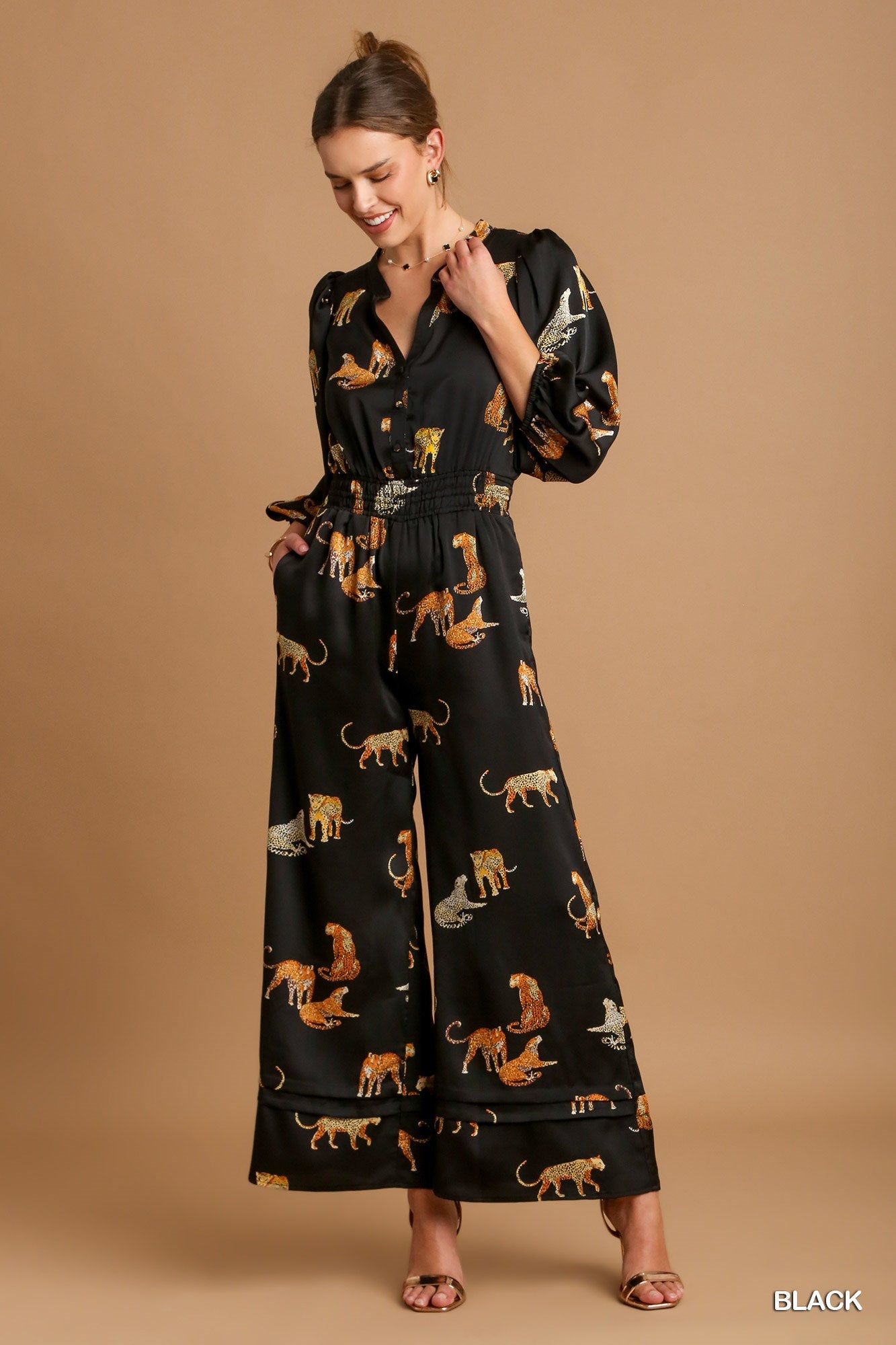 Umgee Cheetah Print Smocked Waist Jumpsuit