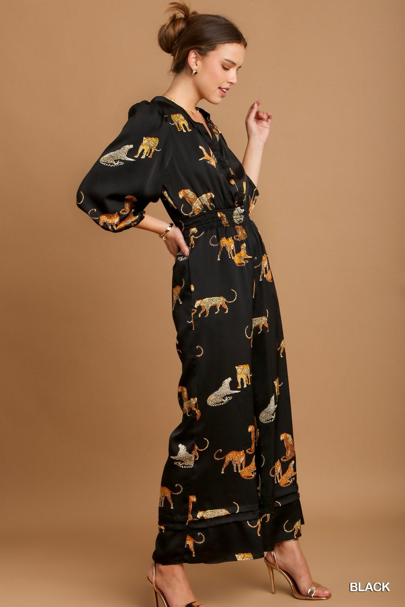 Umgee Cheetah Print Smocked Waist Jumpsuit