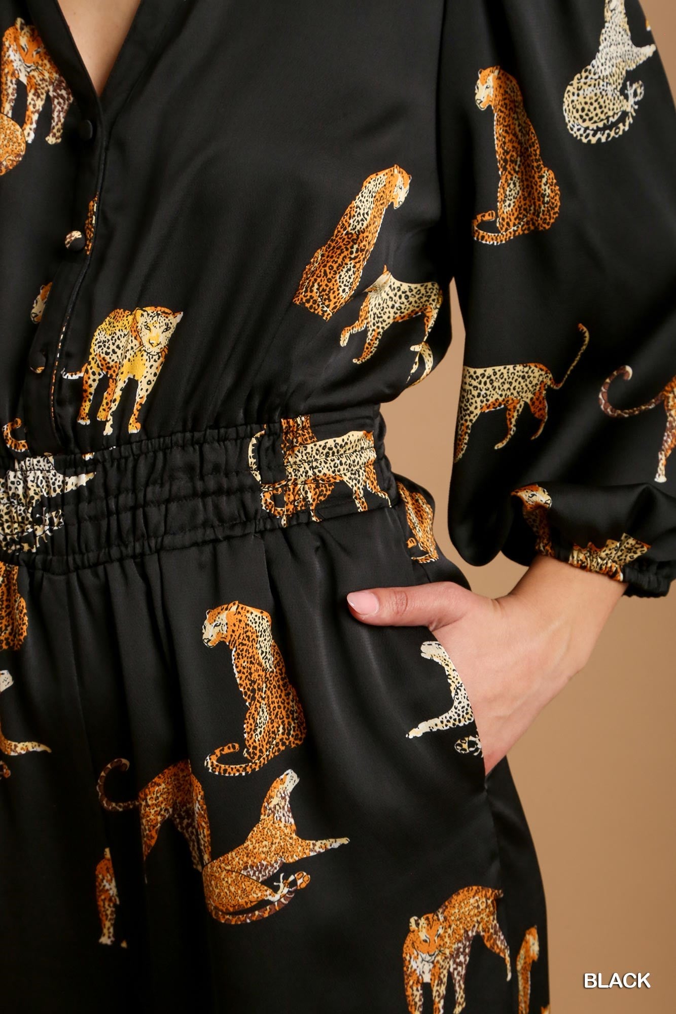 Umgee Cheetah Print Smocked Waist Jumpsuit