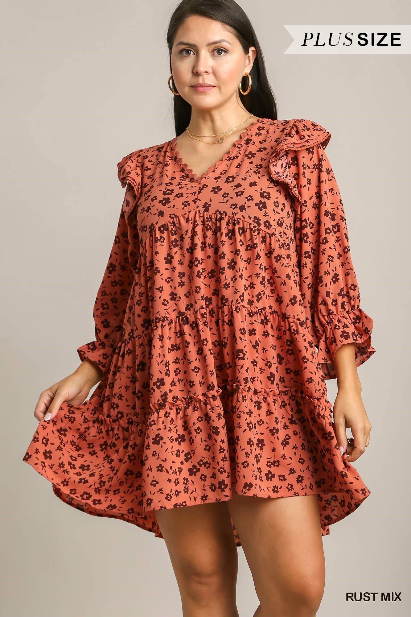 Umgee Plus Flower Tiered Ric Rac Trim Neckline Dress