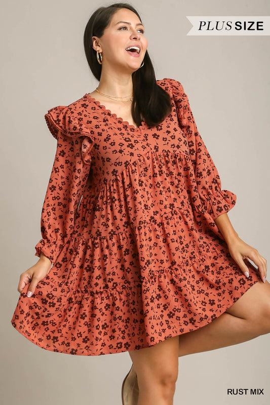 Umgee Plus Flower Tiered Ric Rac Trim Neckline Dress