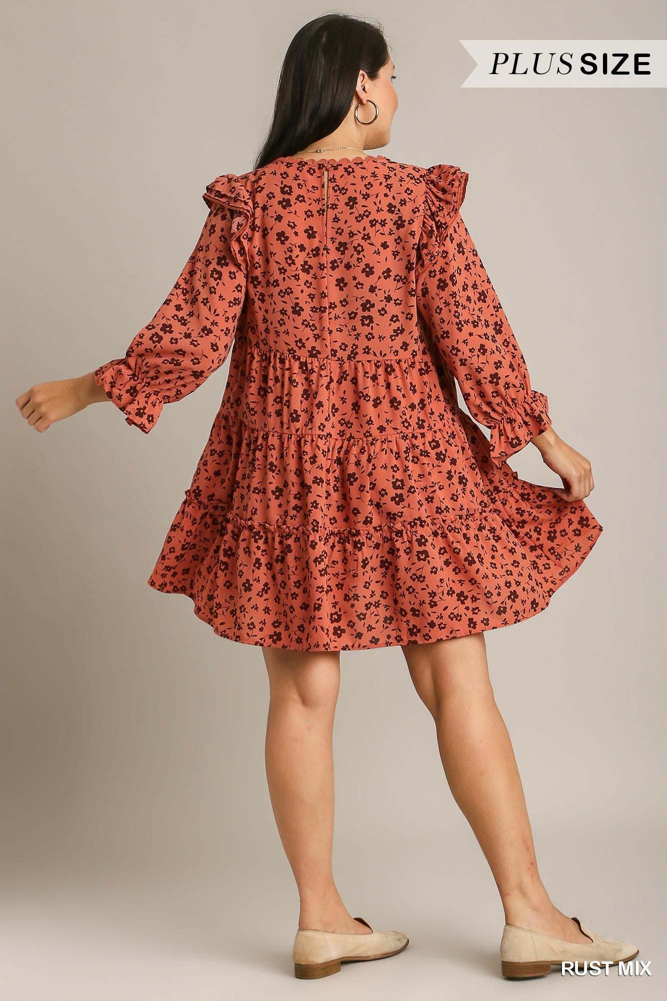 Umgee Plus Flower Tiered Ric Rac Trim Neckline Dress