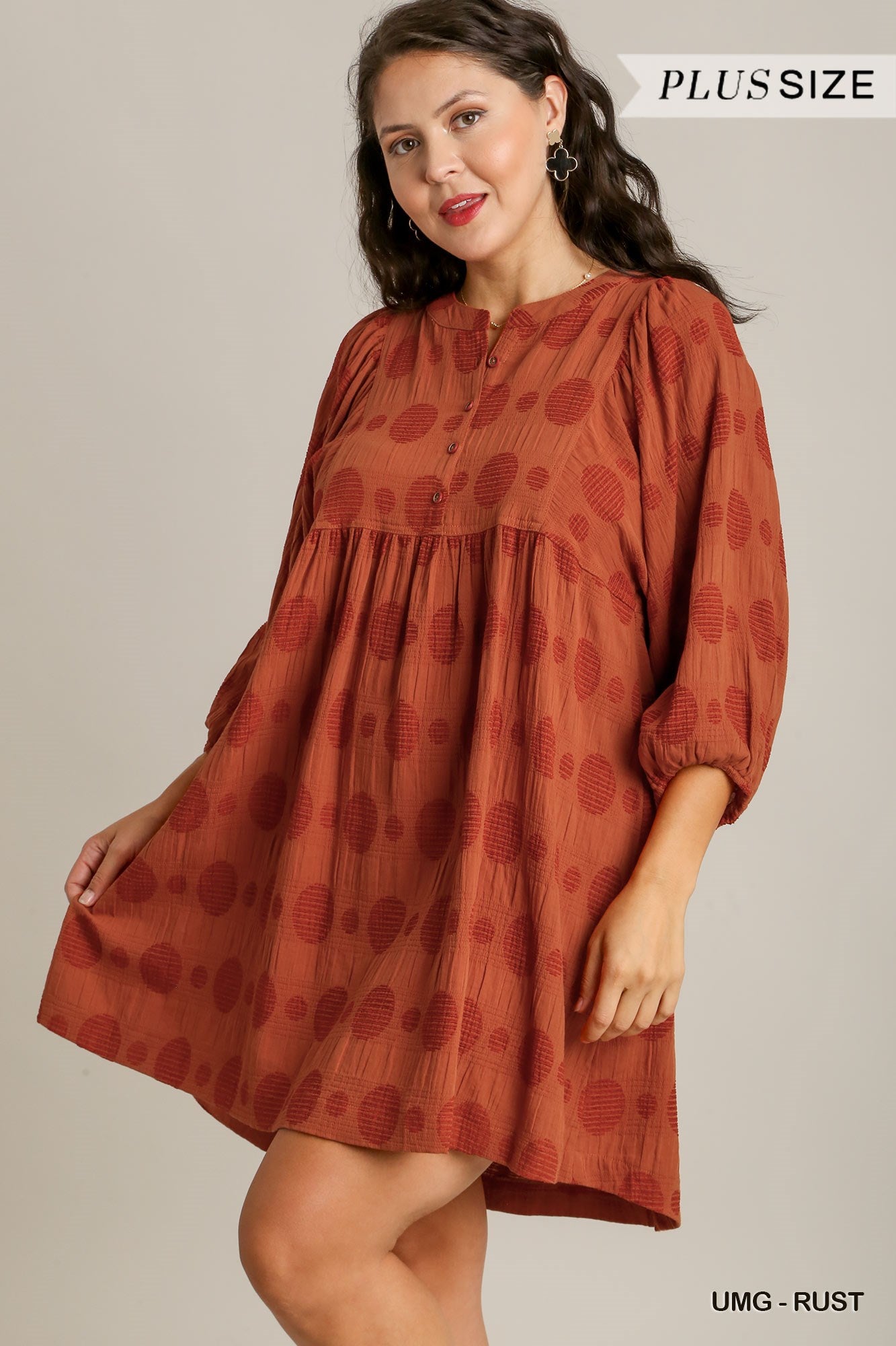 Umgee Plus Solid Textured Round Neck Puffy Sleeve Dress