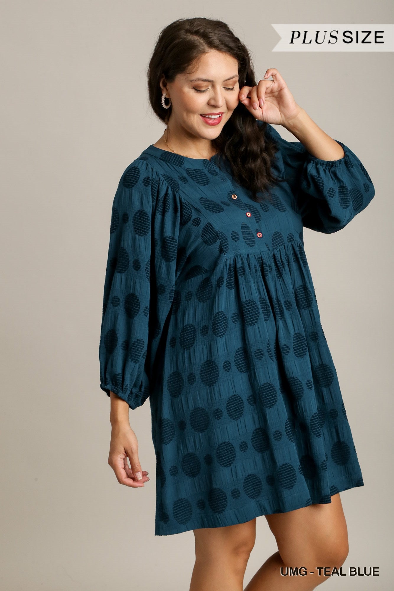 Umgee Plus Solid Textured Round Neck Puffy Sleeve Dress