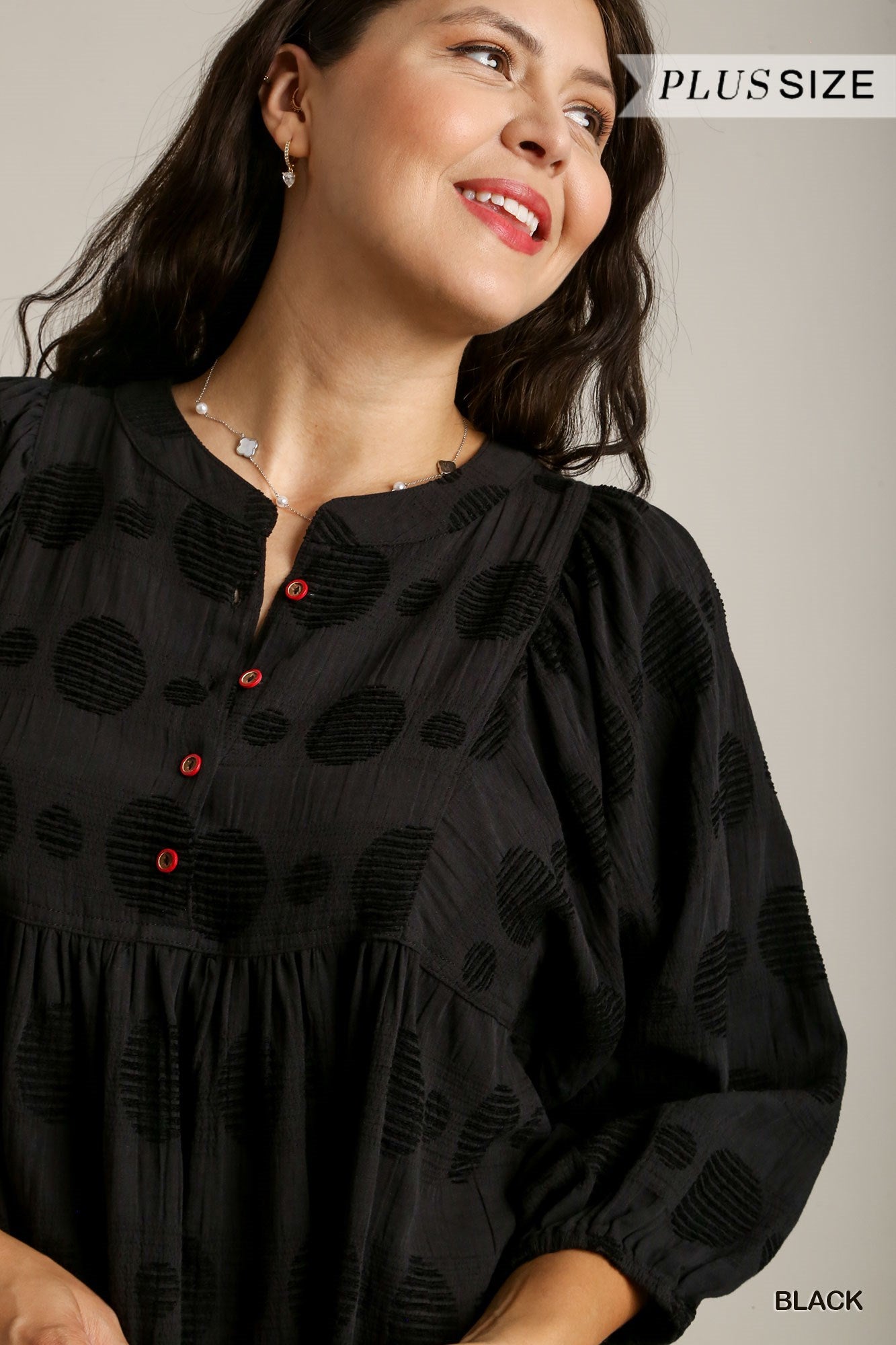 Umgee Plus Solid Textured Round Neck Puffy Sleeve Dress