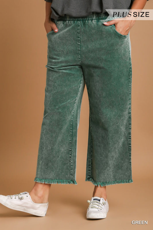 Umgee Plus Stone Wash Elastic Waist Frayed Hem Wide Leg Pants