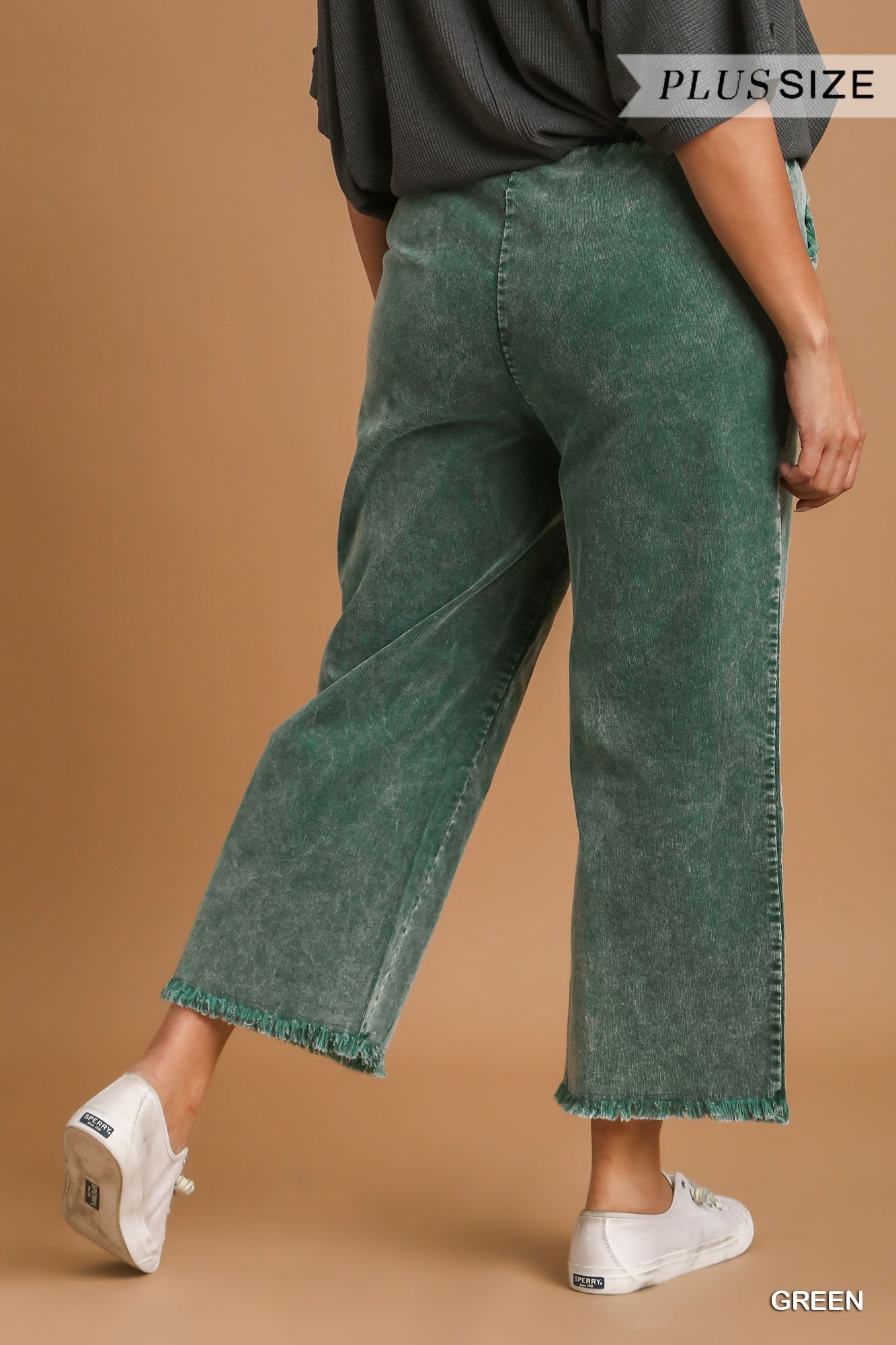 Umgee Plus Stone Wash Elastic Waist Frayed Hem Wide Leg Pants