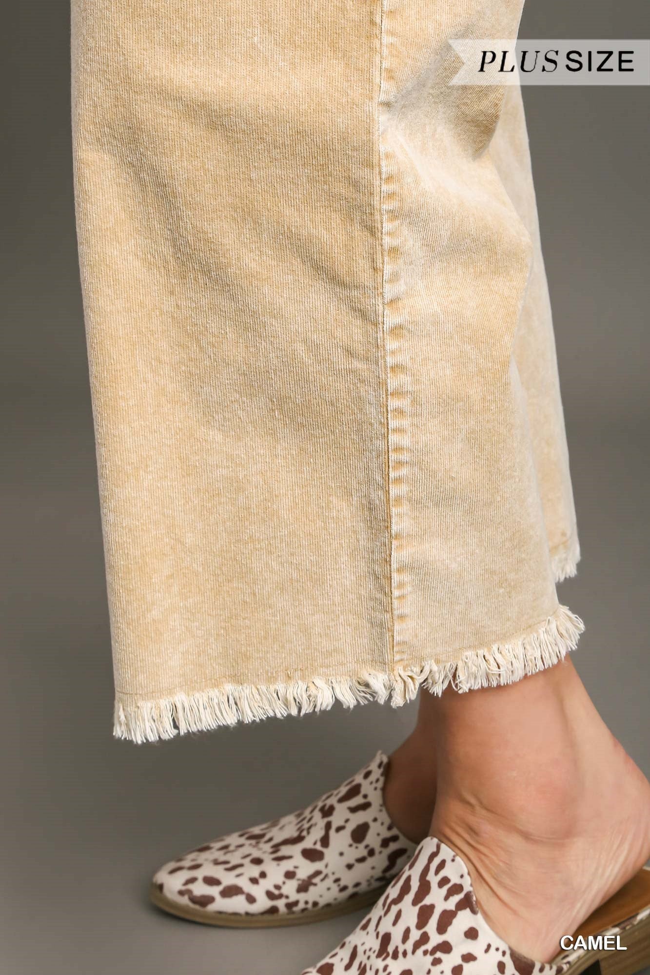 Umgee Plus Stone Wash Elastic Waist Frayed Hem Wide Leg Pants