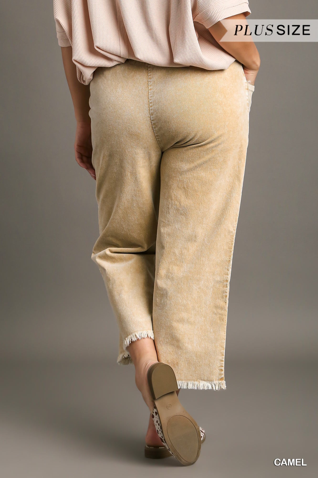 Umgee Plus Stone Wash Elastic Waist Frayed Hem Wide Leg Pants