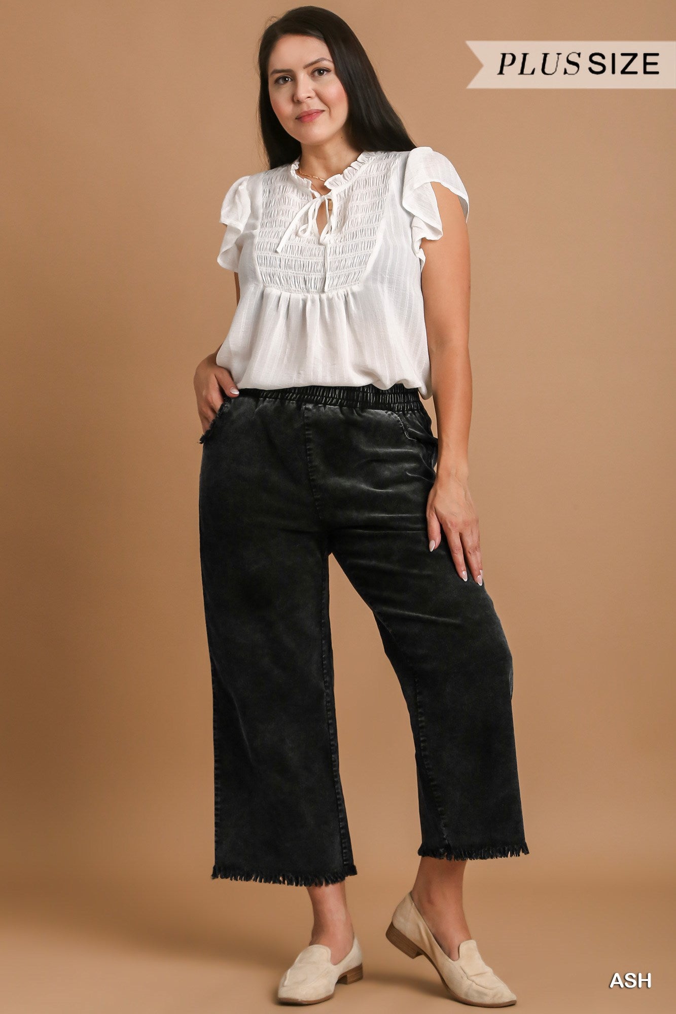 Umgee Plus Stone Wash Elastic Waist Frayed Hem Wide Leg Pants